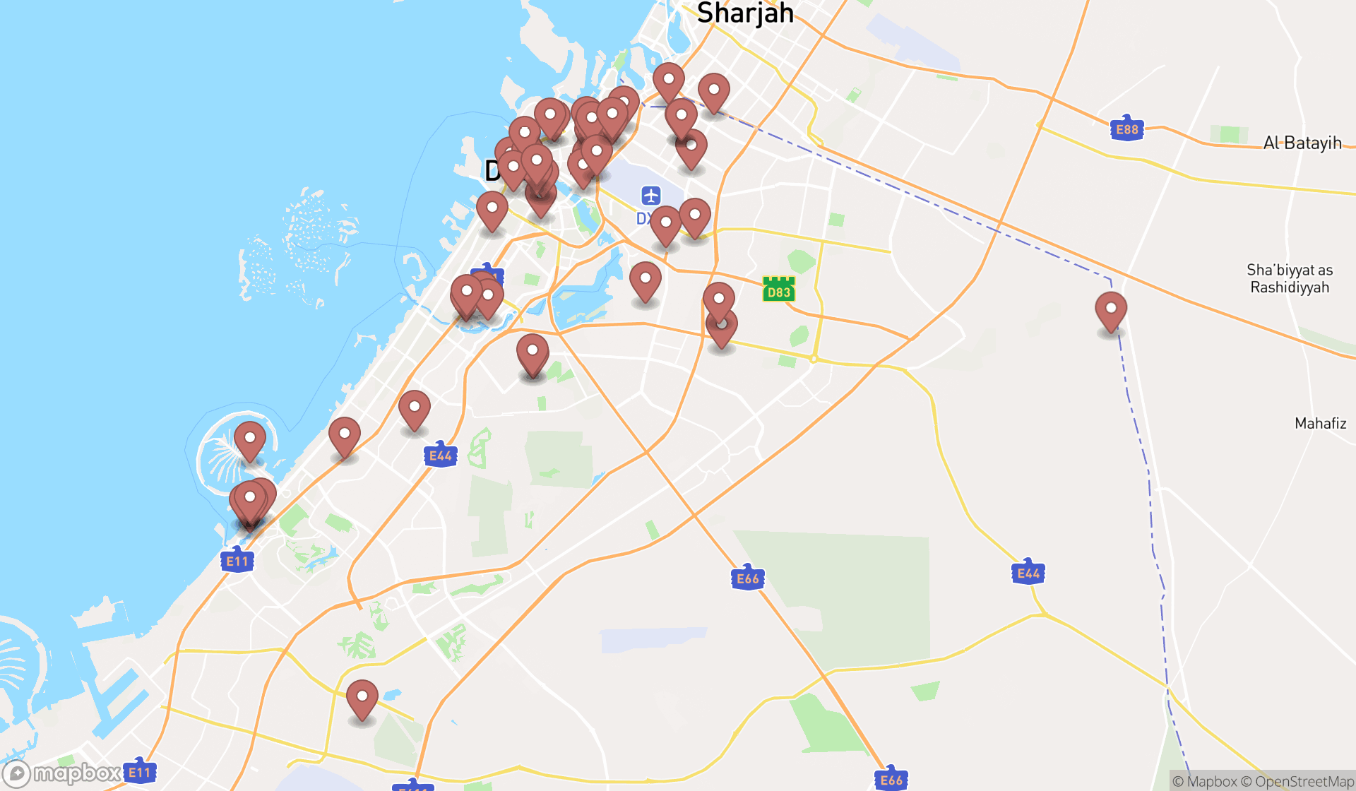 Map showing the search results in Dubai