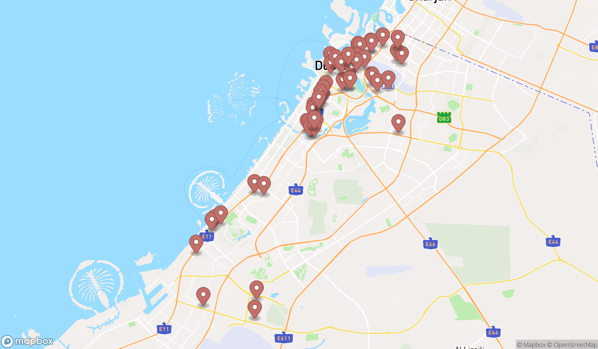 Map showing the search results in Dubai