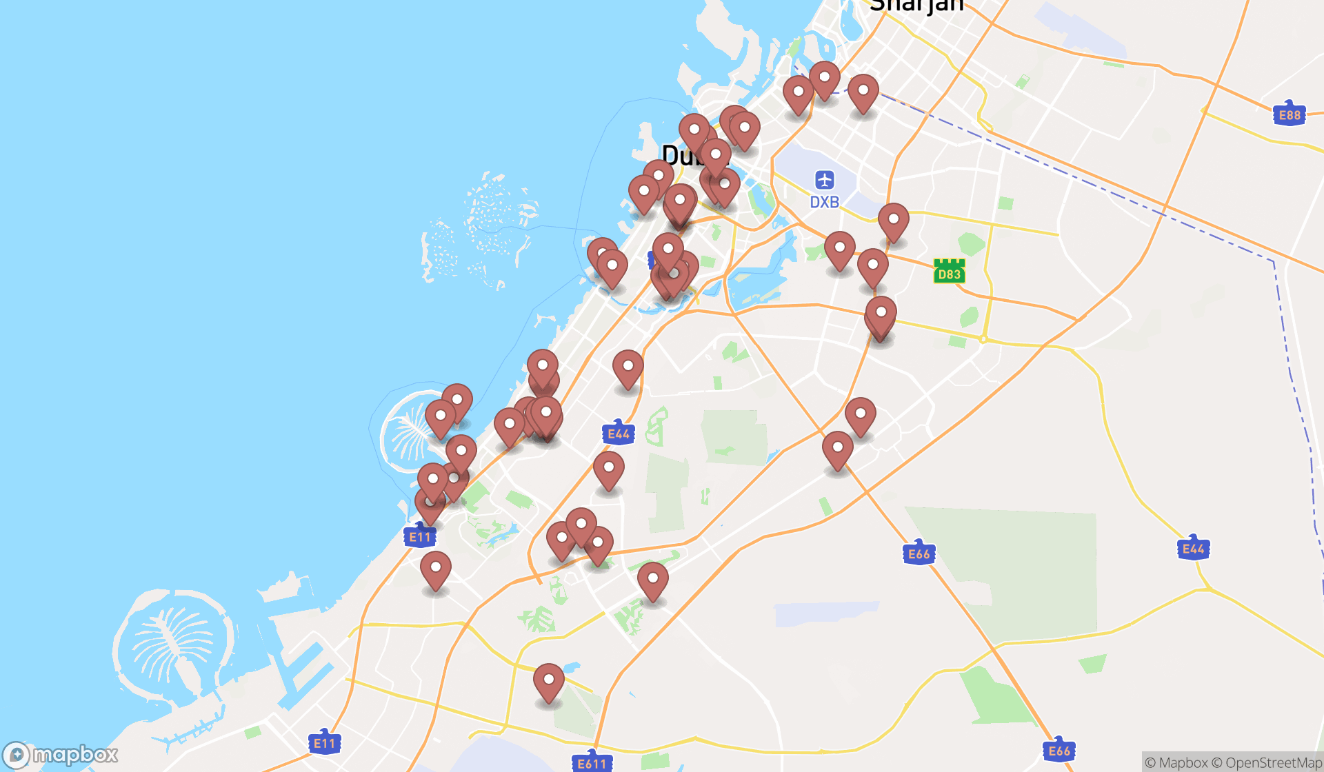 Map showing the search results in Dubai