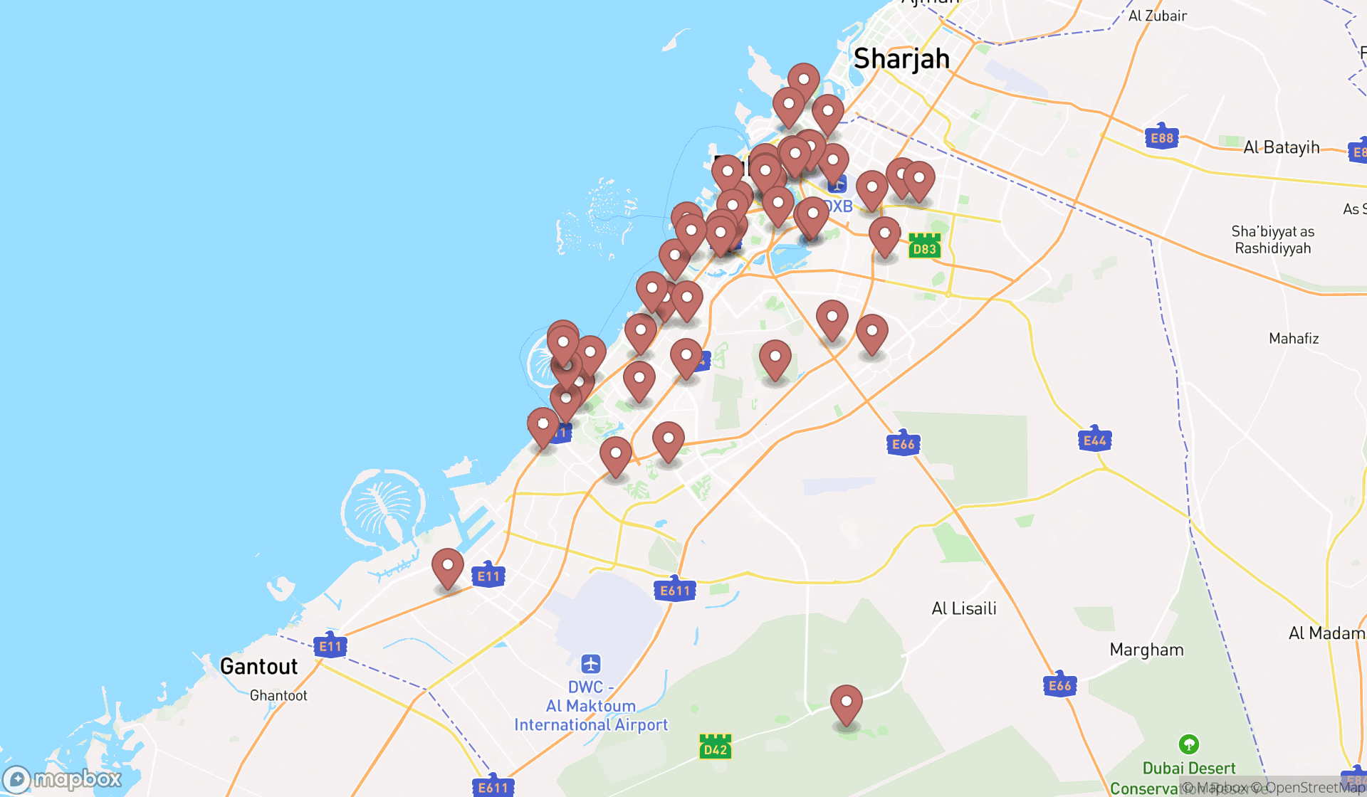 Map showing the search results in Dubai