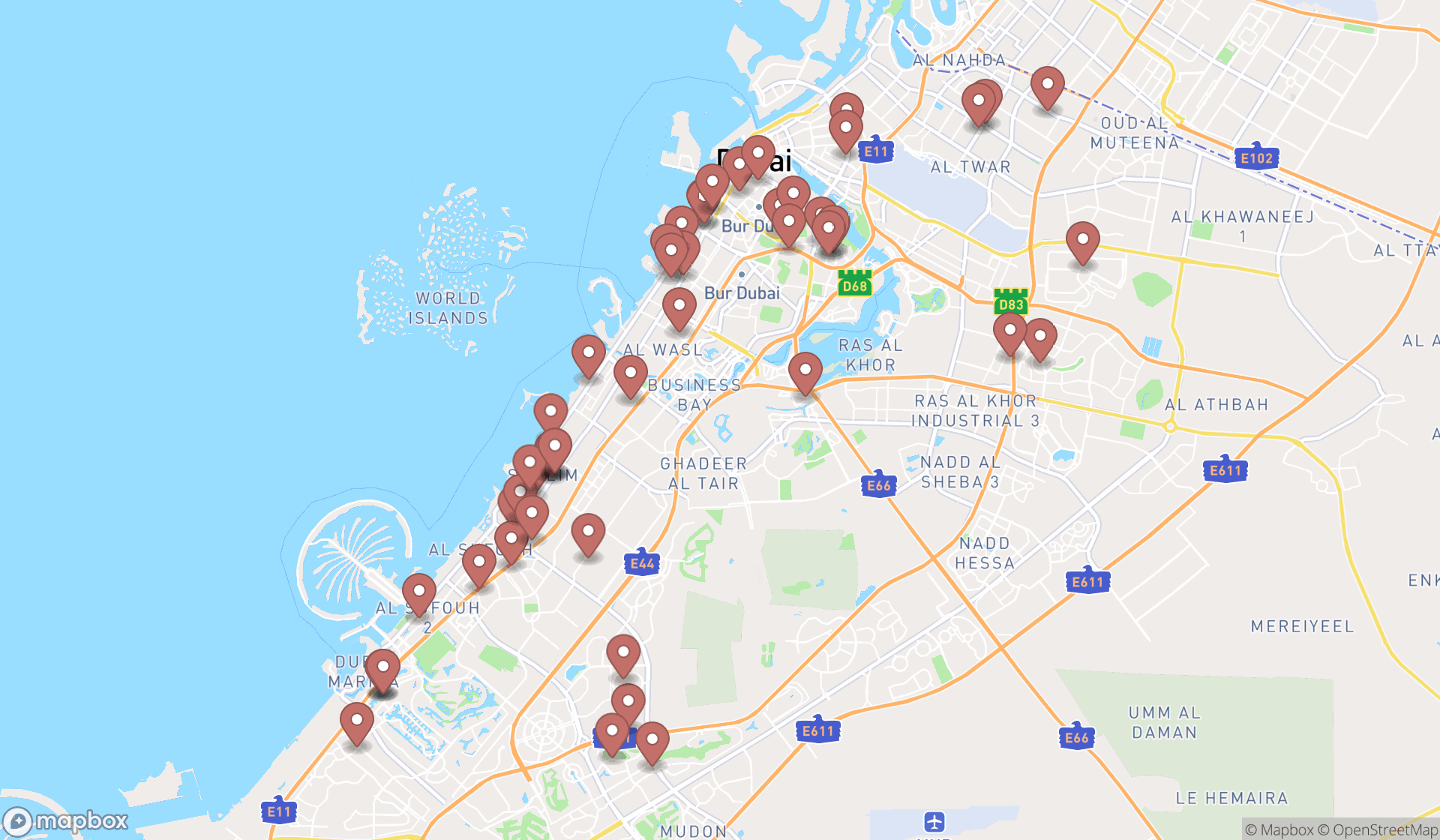 Map showing the search results in Dubai