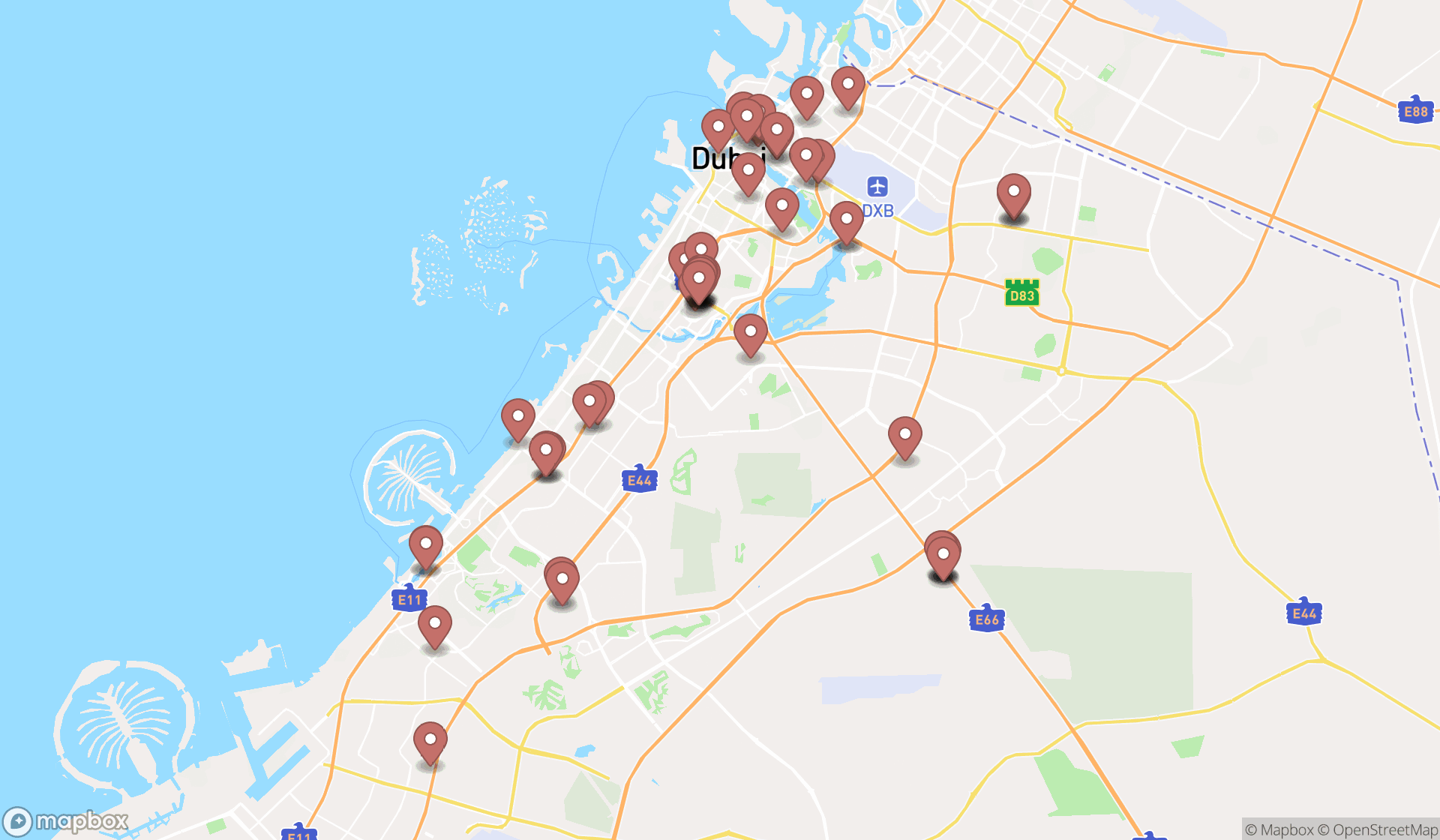 Map showing the search results in Dubai