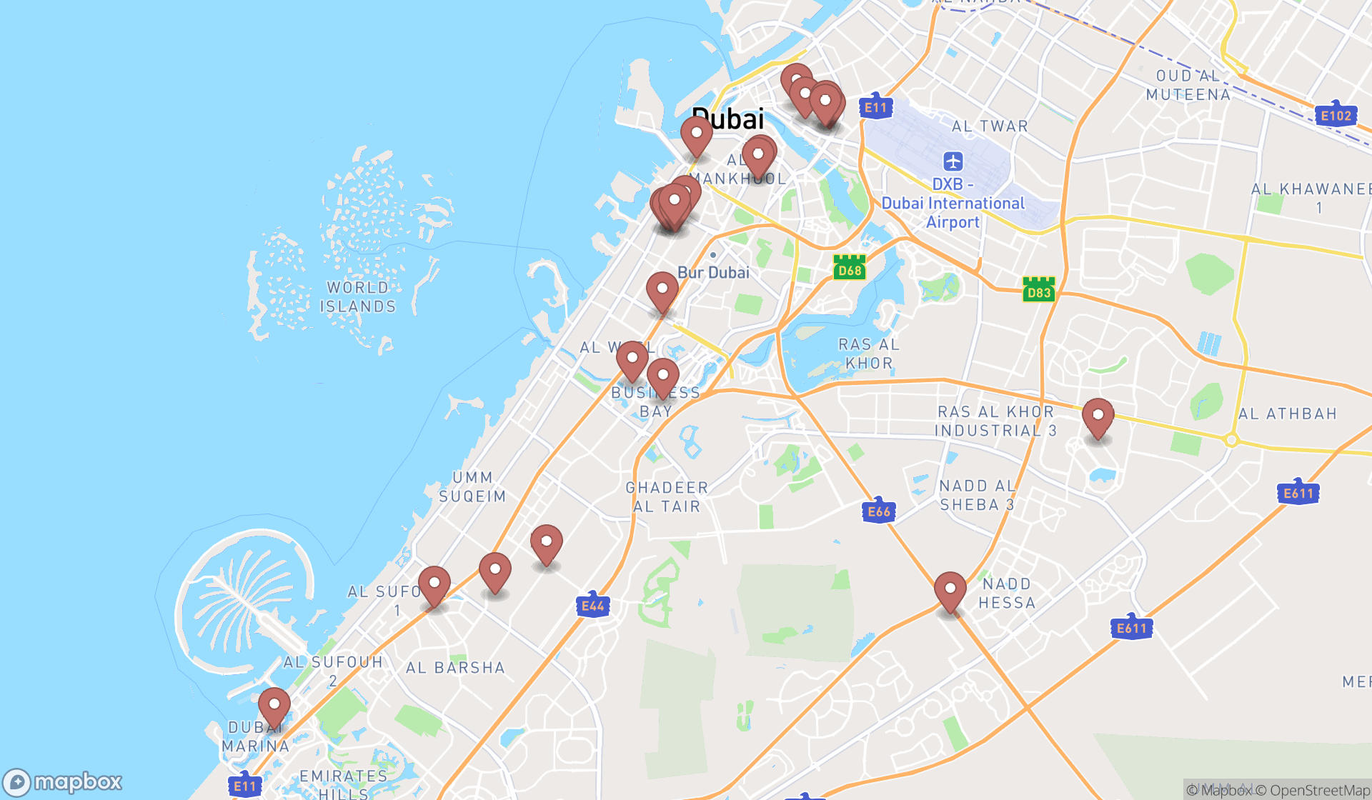 Map showing the search results in Dubai