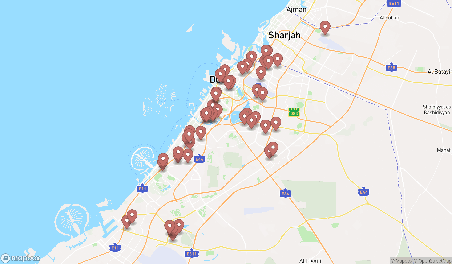 Map showing the search results in Dubai