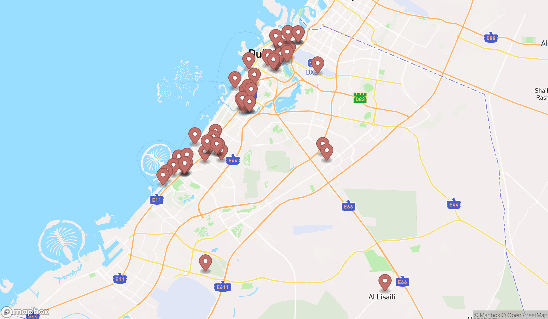 Map showing the search results in Dubai