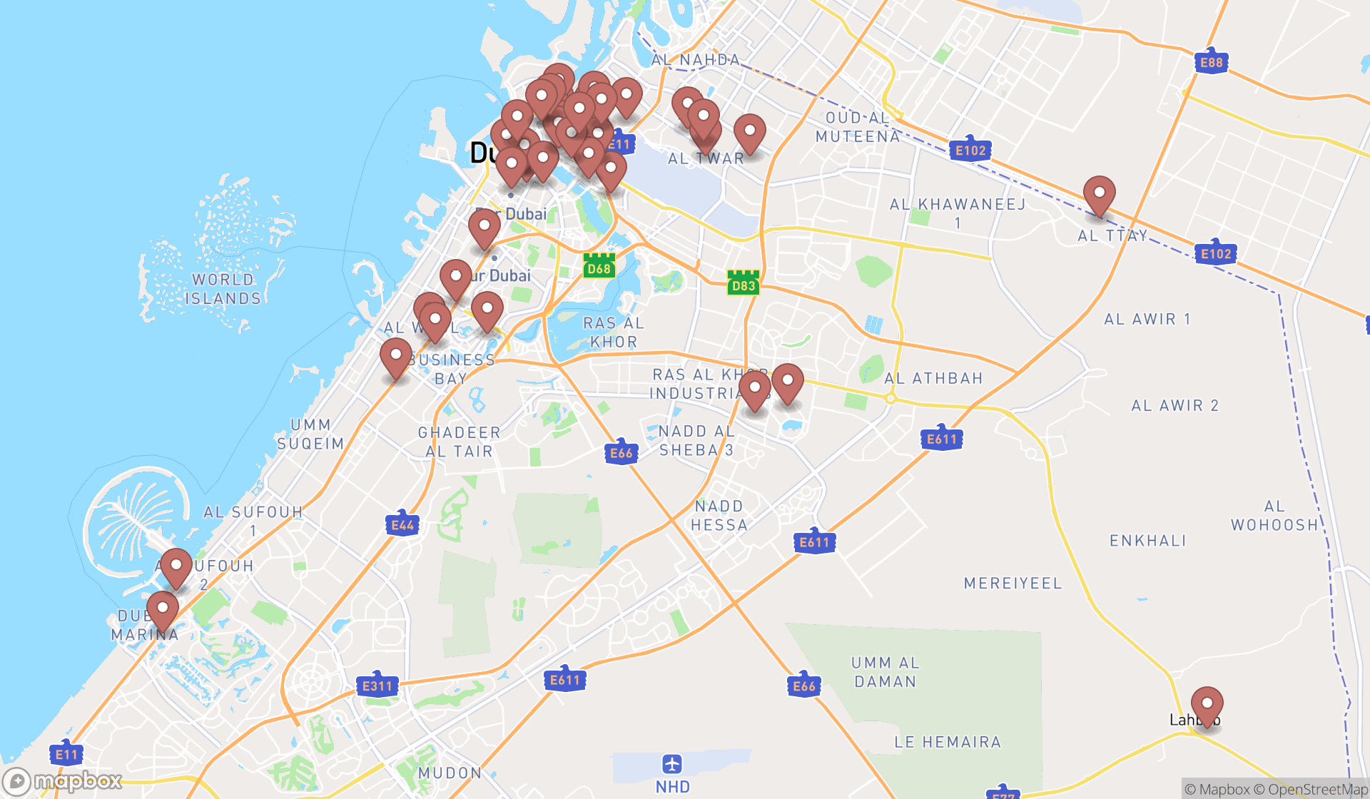 Map showing the search results in Dubai