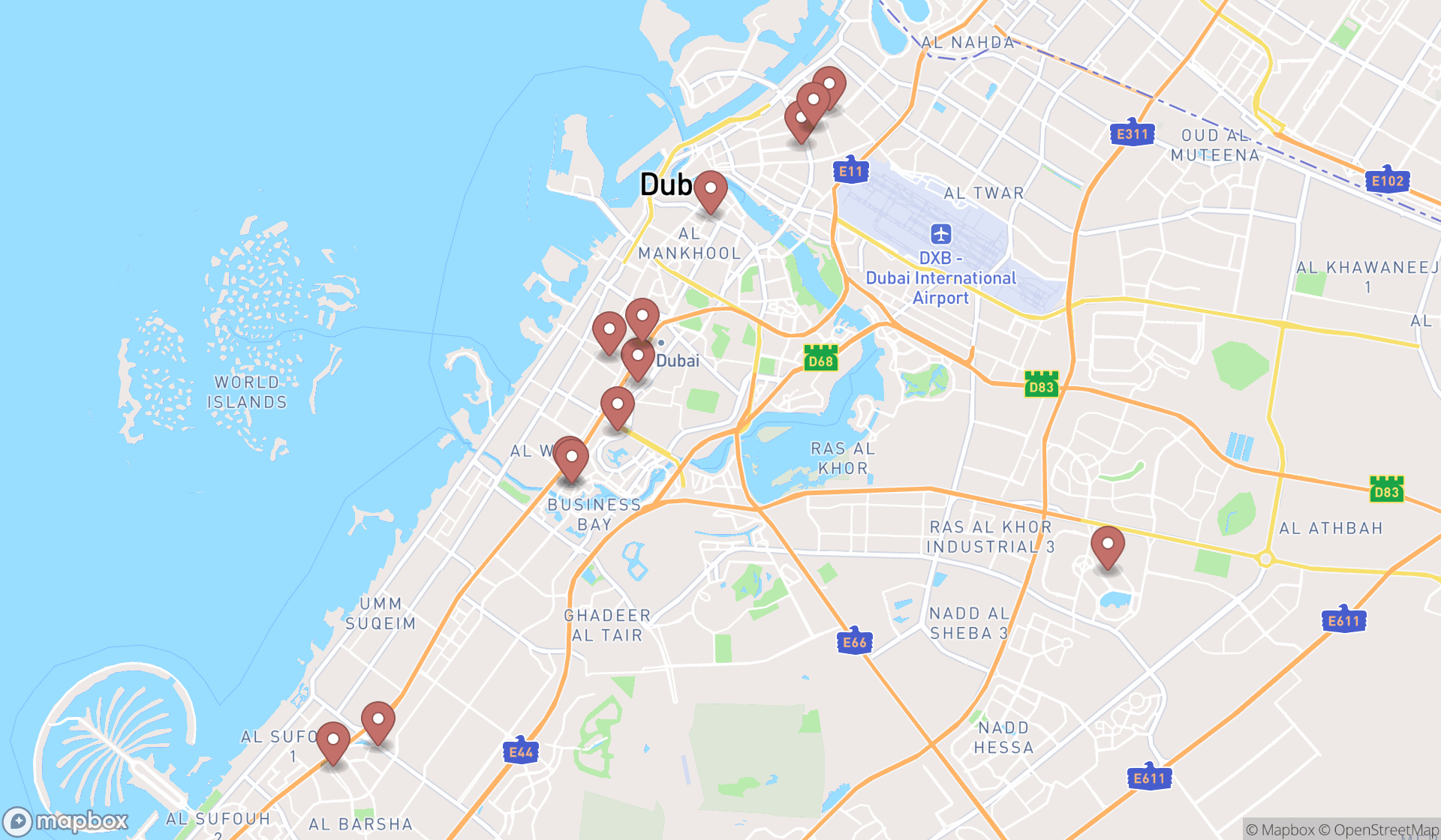 Map showing the search results in Dubai