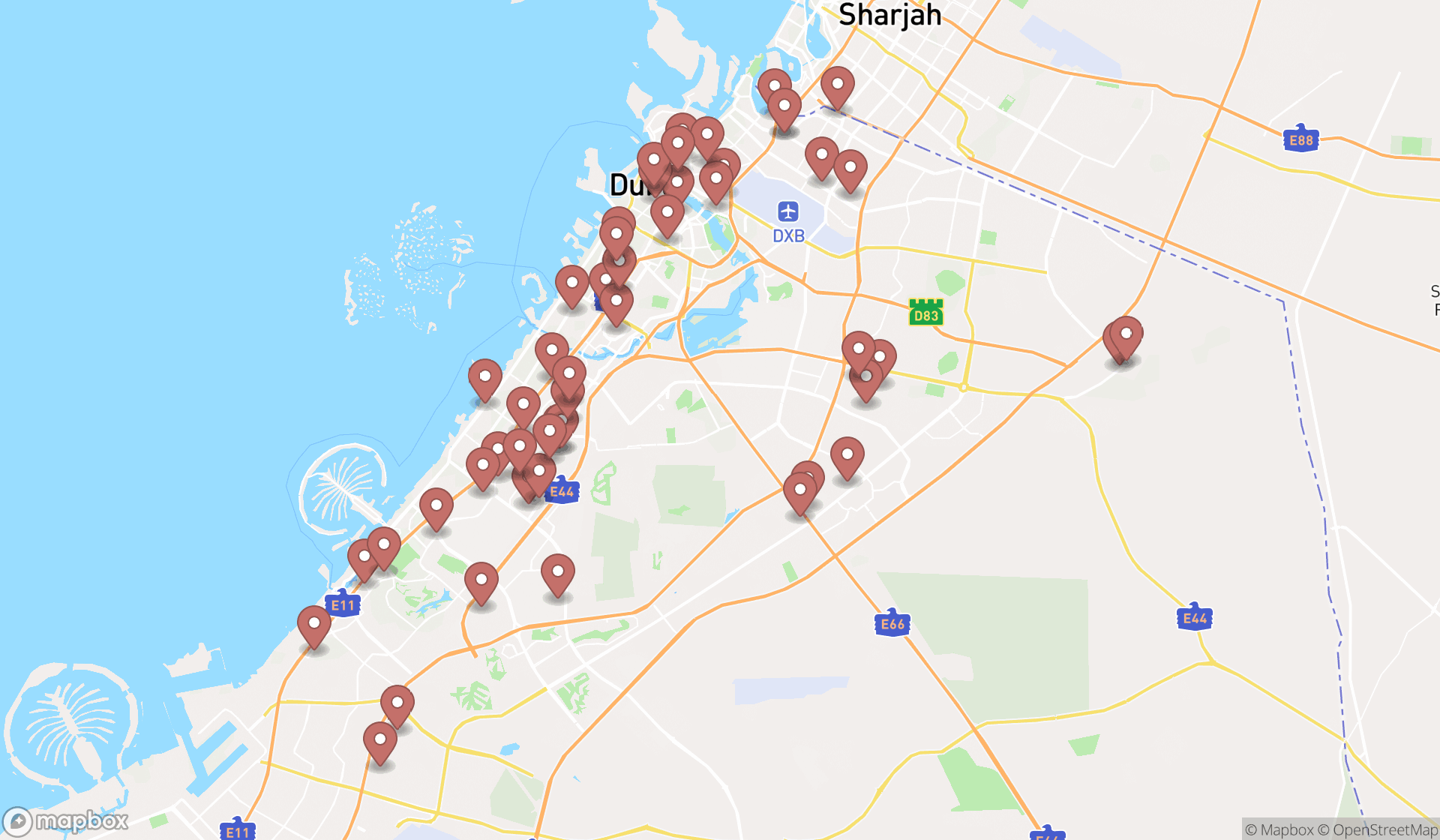 Map showing the search results in Dubai