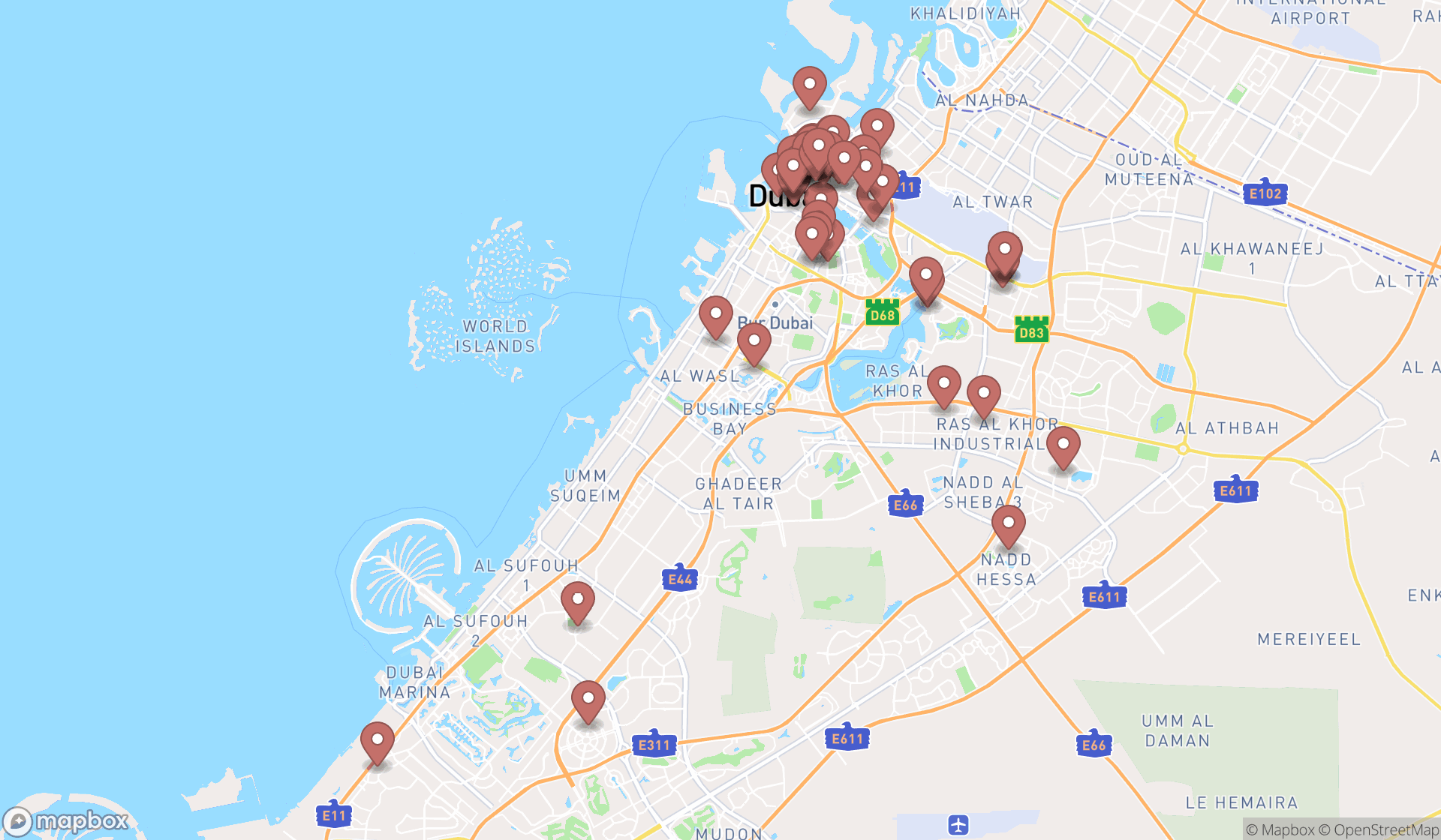 Map showing the search results in Dubai