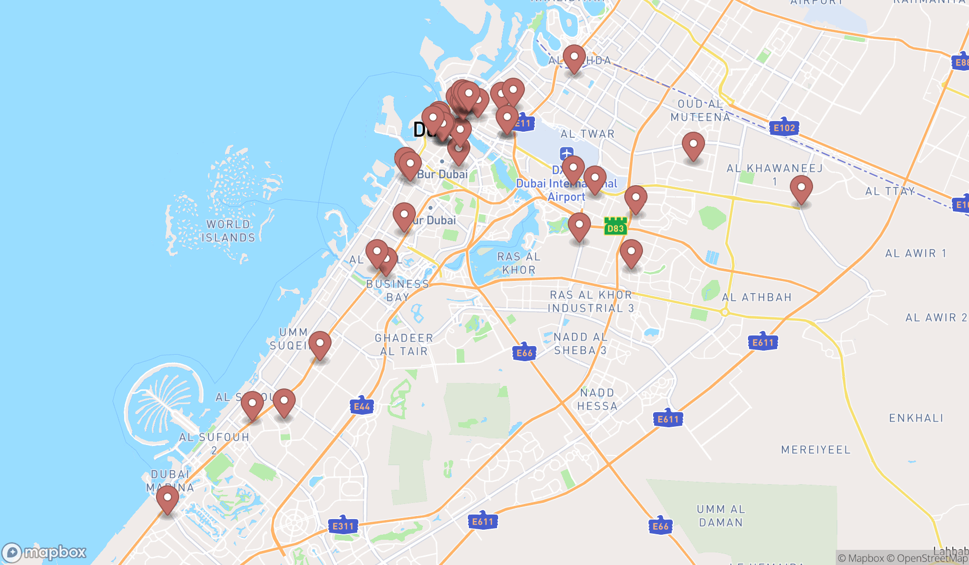 Map showing the search results in Dubai