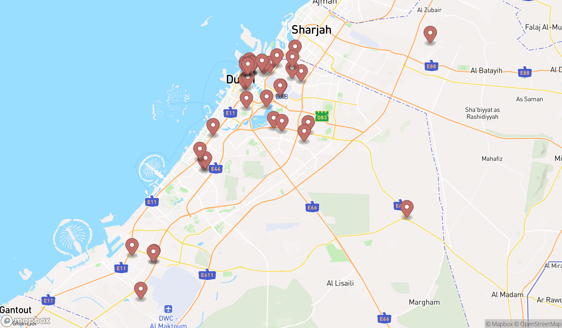 Map showing the search results in Dubai
