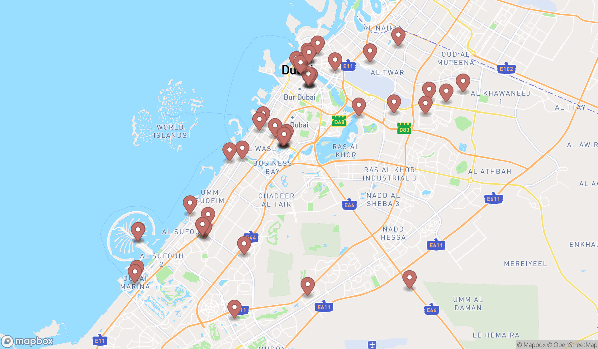 Map showing the search results in Dubai