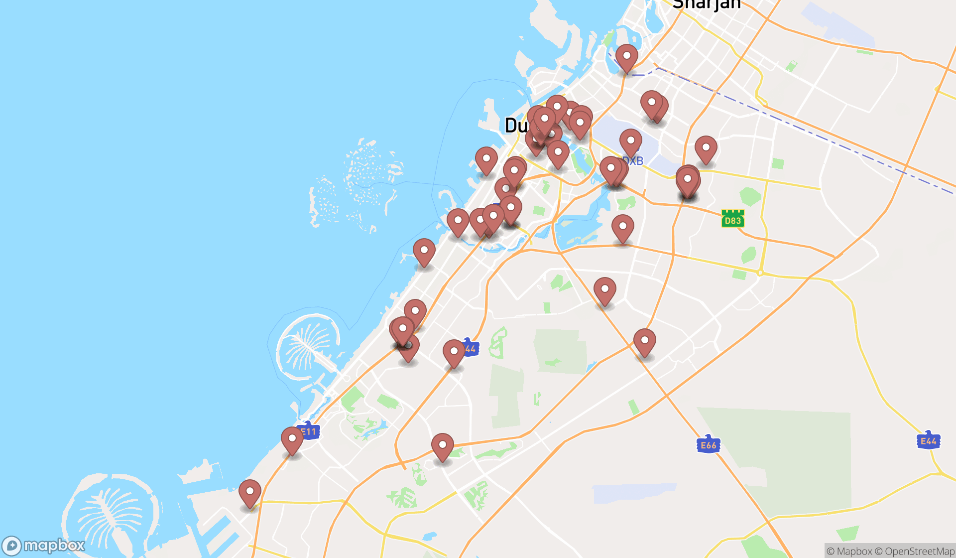 Map showing the search results in Dubai