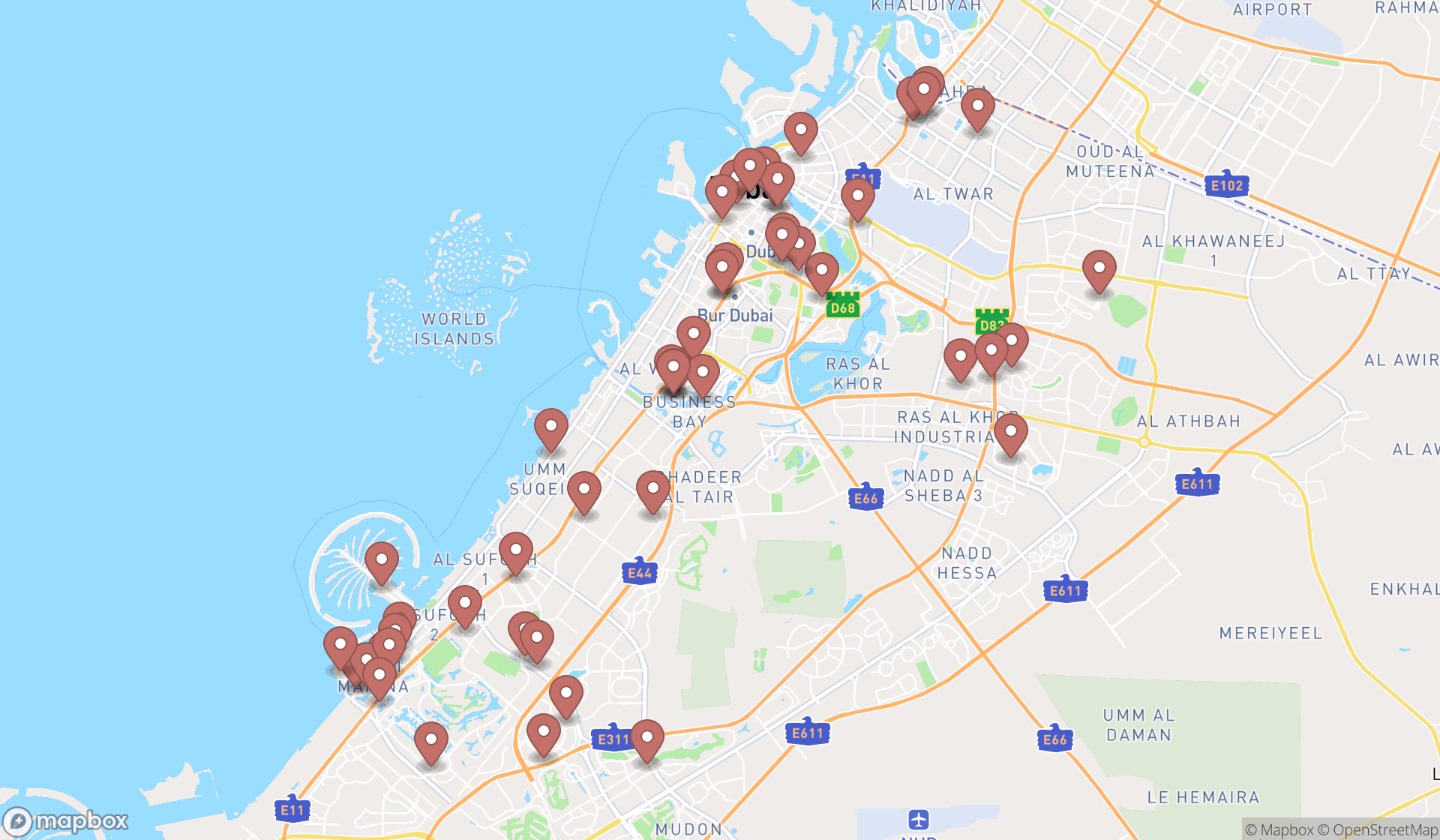 Map showing the search results in Dubai