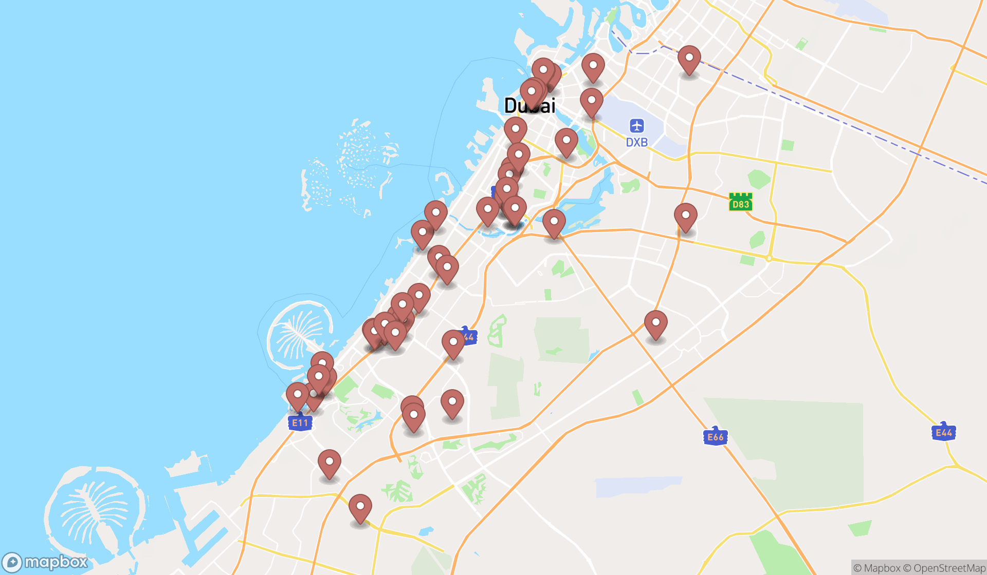 Map showing the search results in Dubai