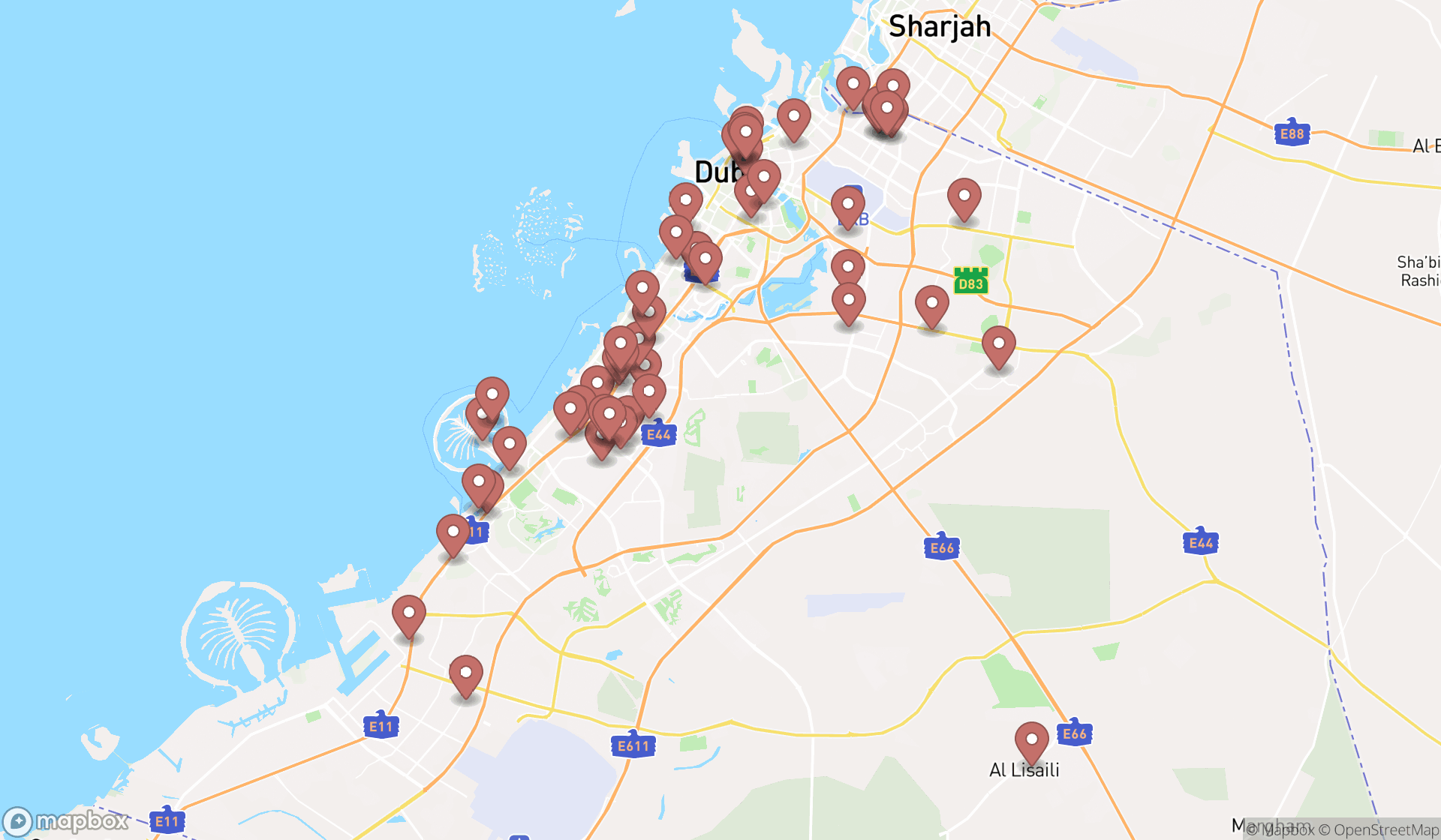 Map showing the search results in Dubai