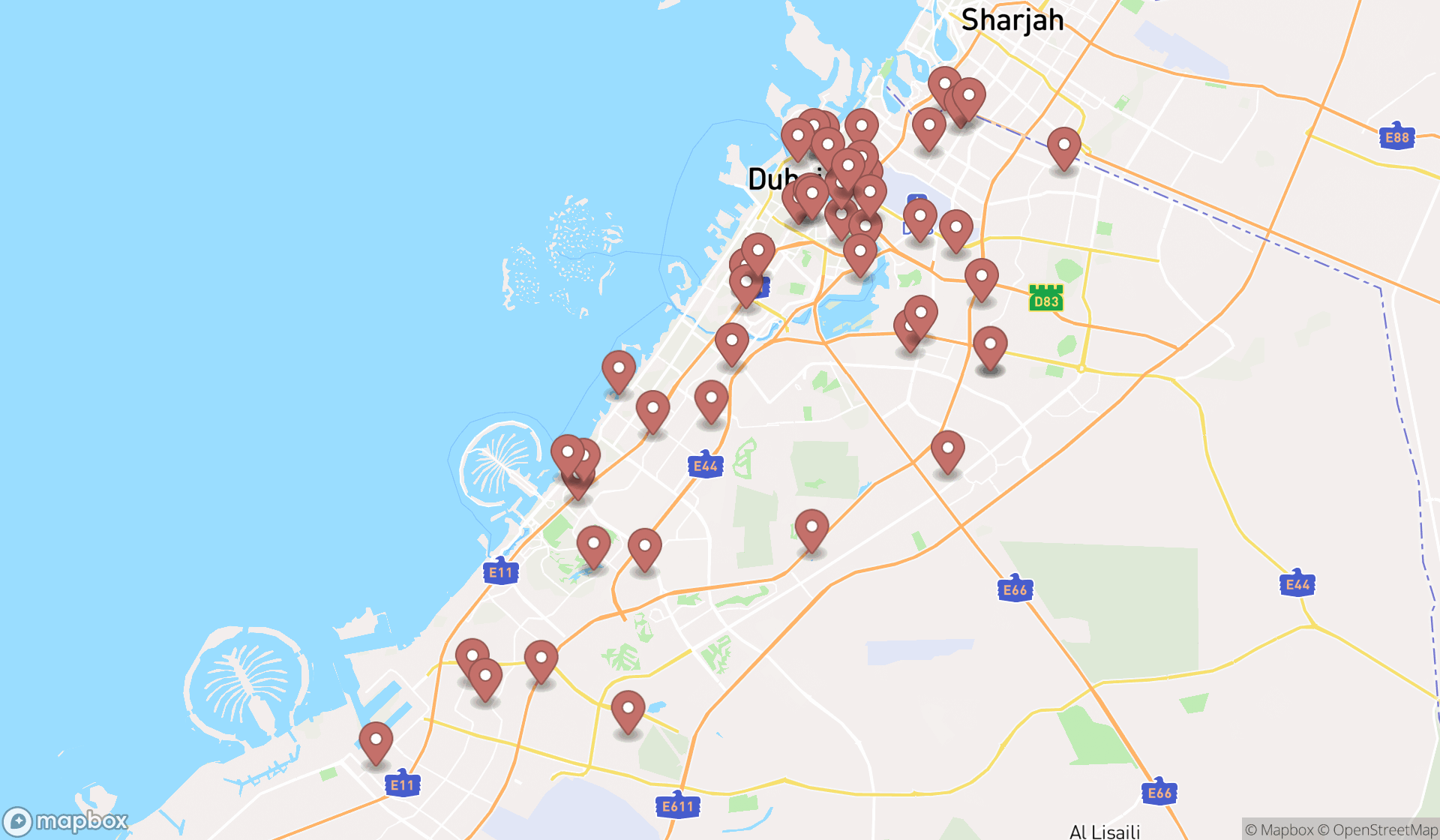 Map showing the search results in Dubai