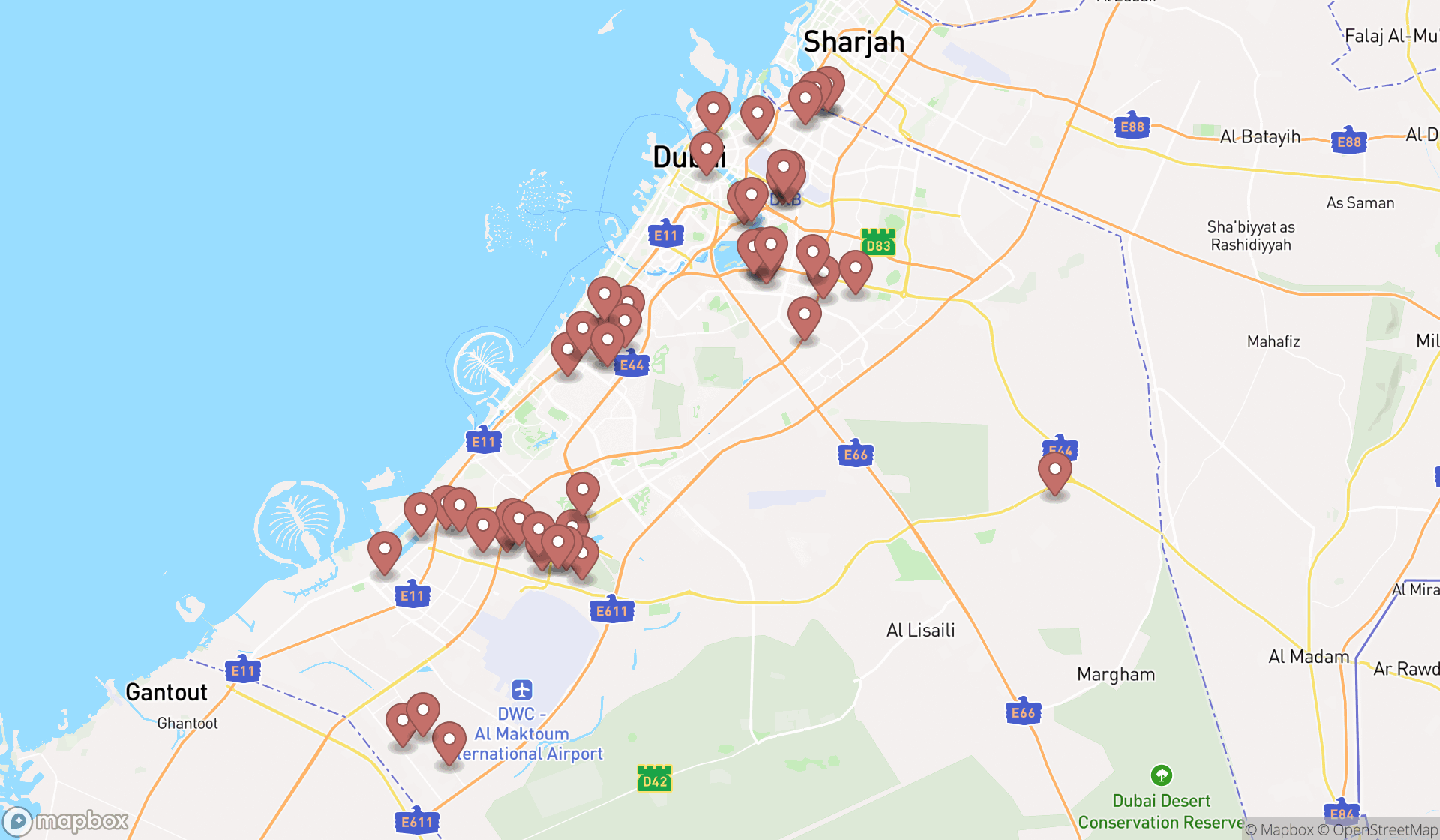 Map showing the search results in Dubai