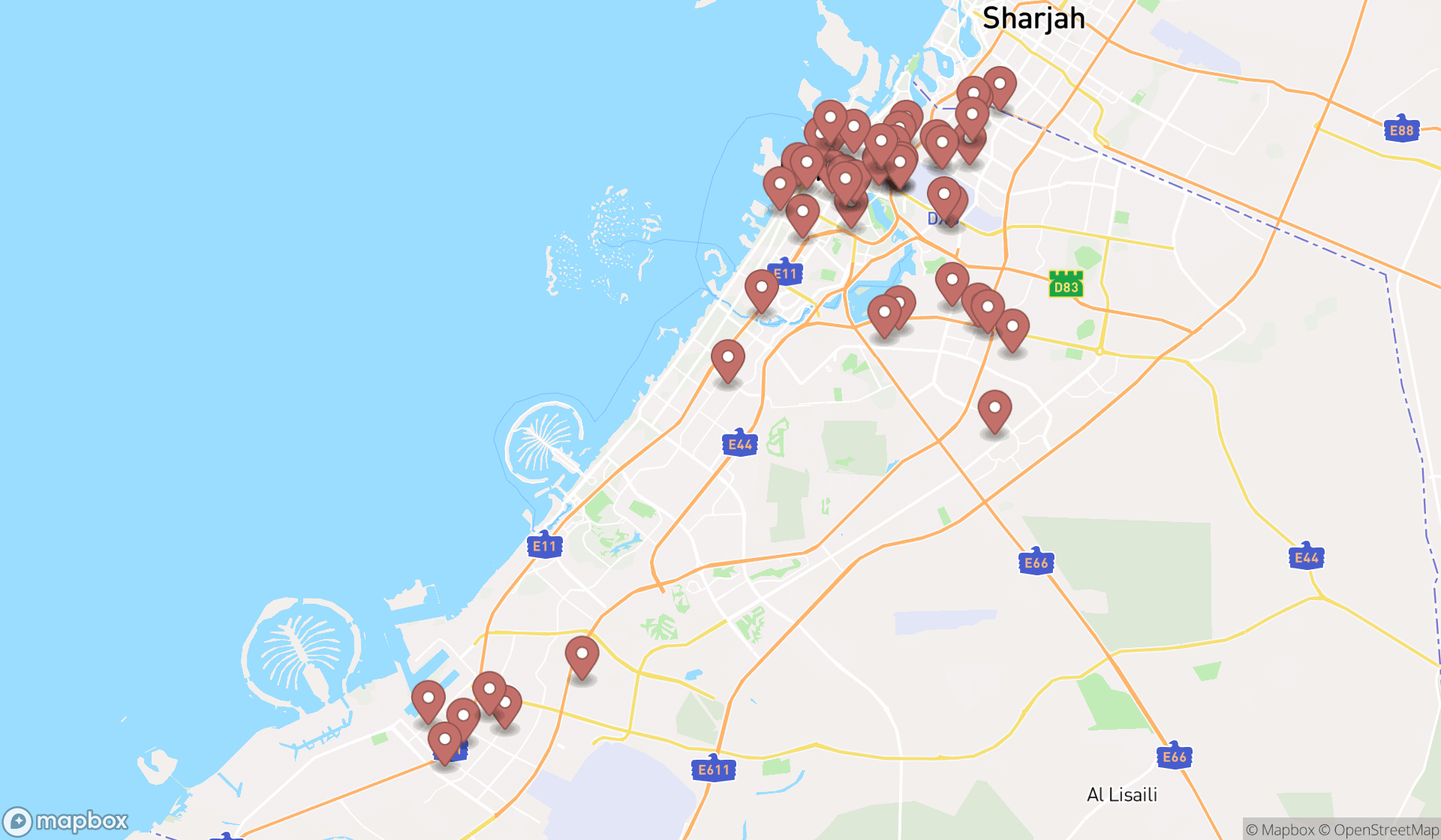 Map showing the search results in Dubai