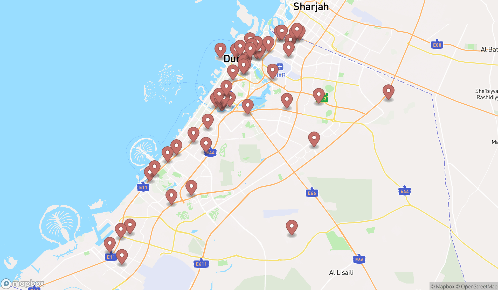 Map showing the search results in Dubai