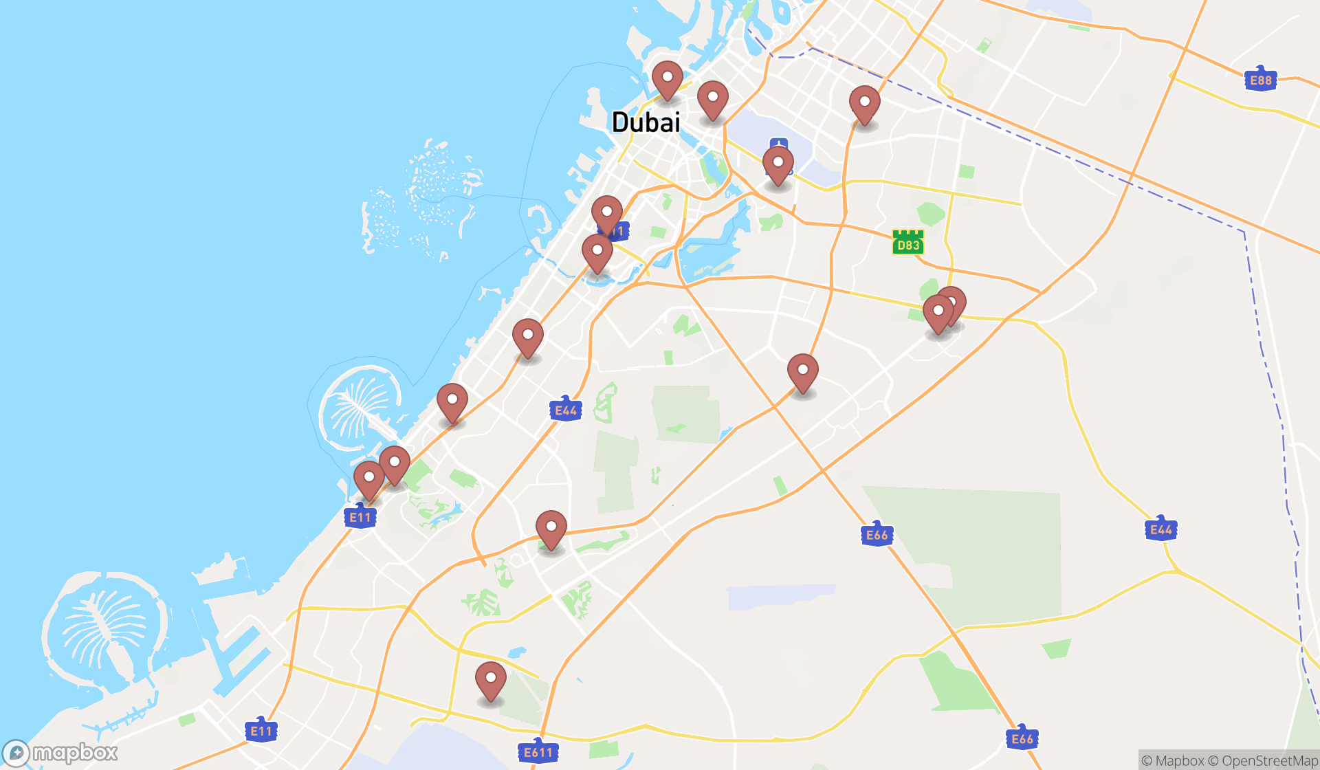 Map showing the search results in Dubai
