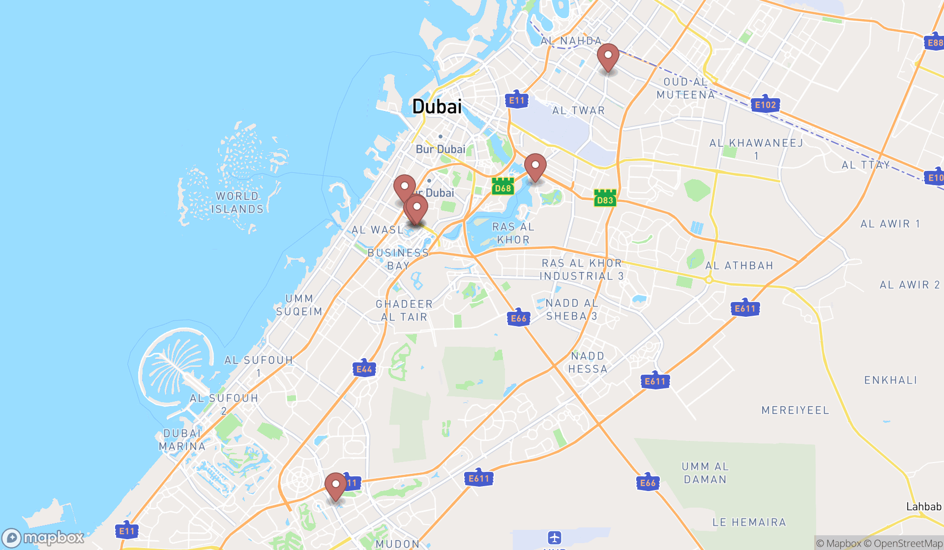 Map showing the search results in Dubai