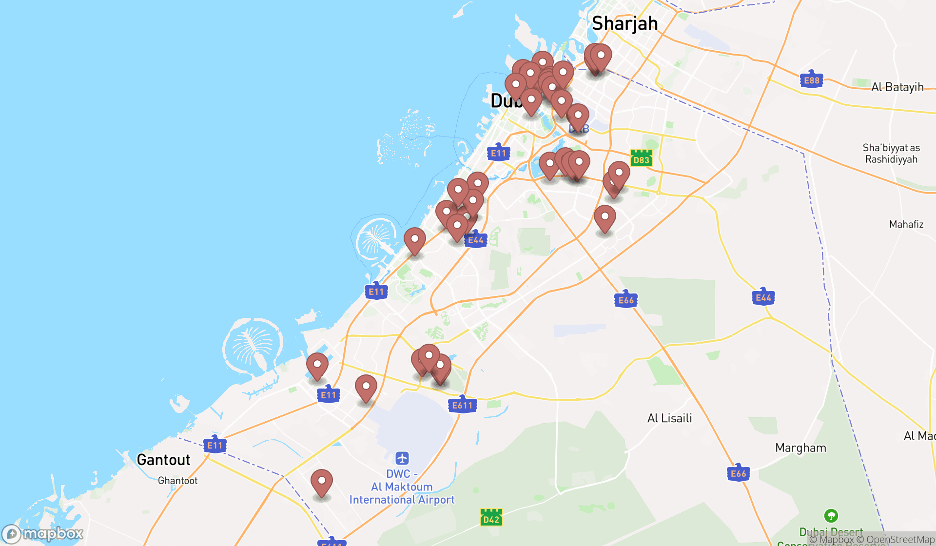 Map showing the search results in Dubai