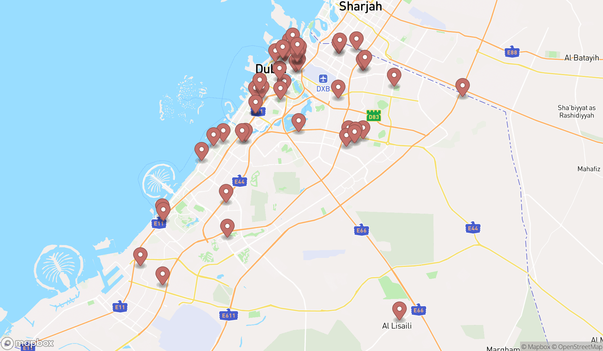 Map showing the search results in Dubai
