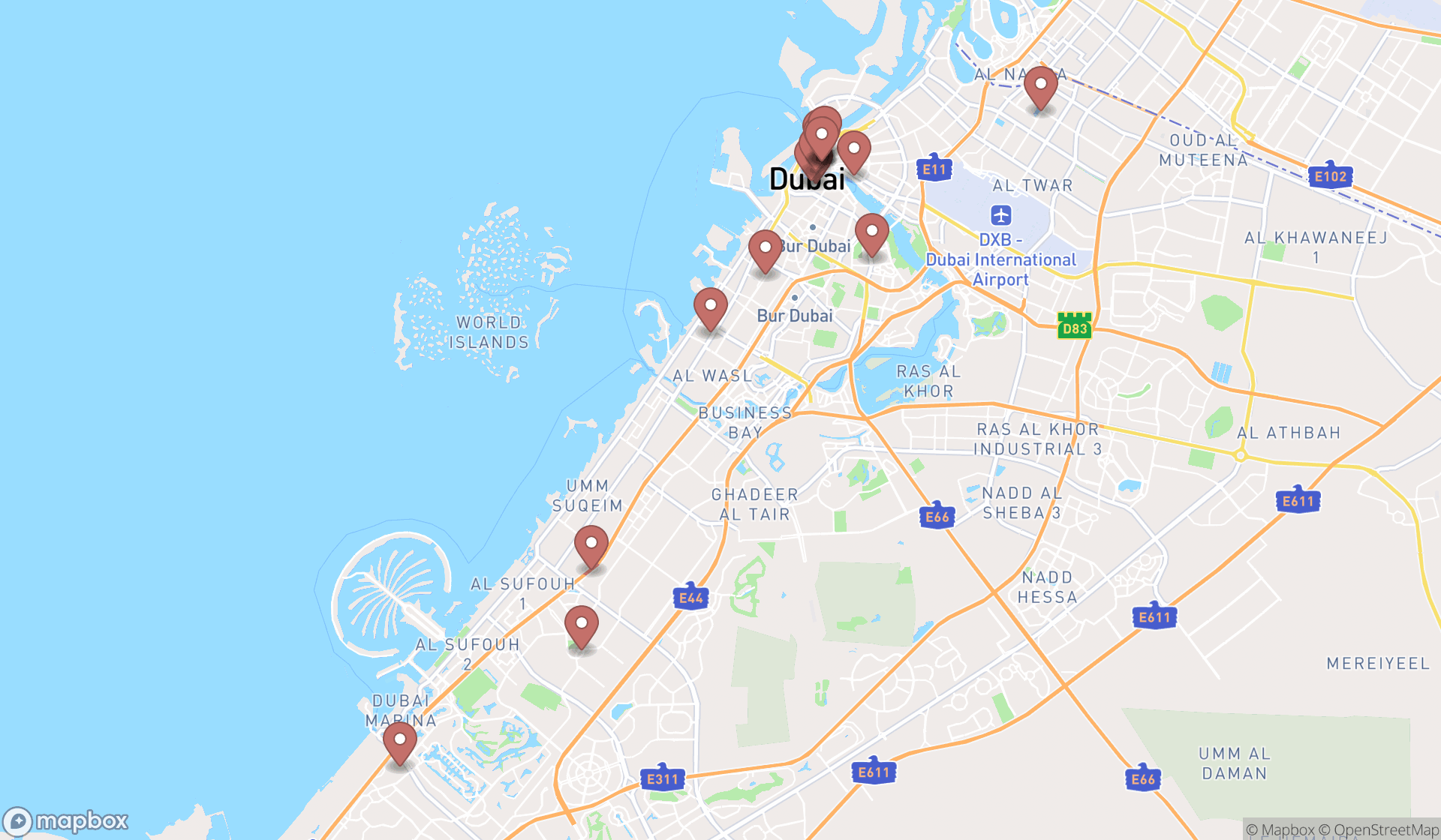 Map showing the search results in Dubai