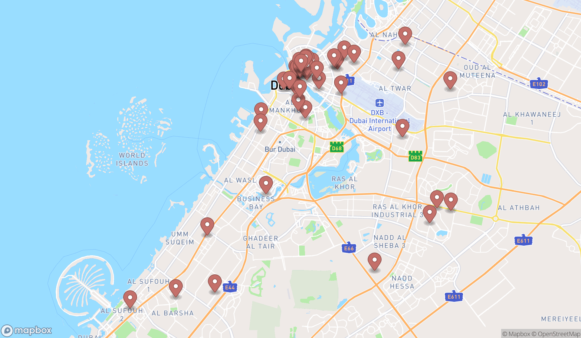 Map showing the search results in Dubai