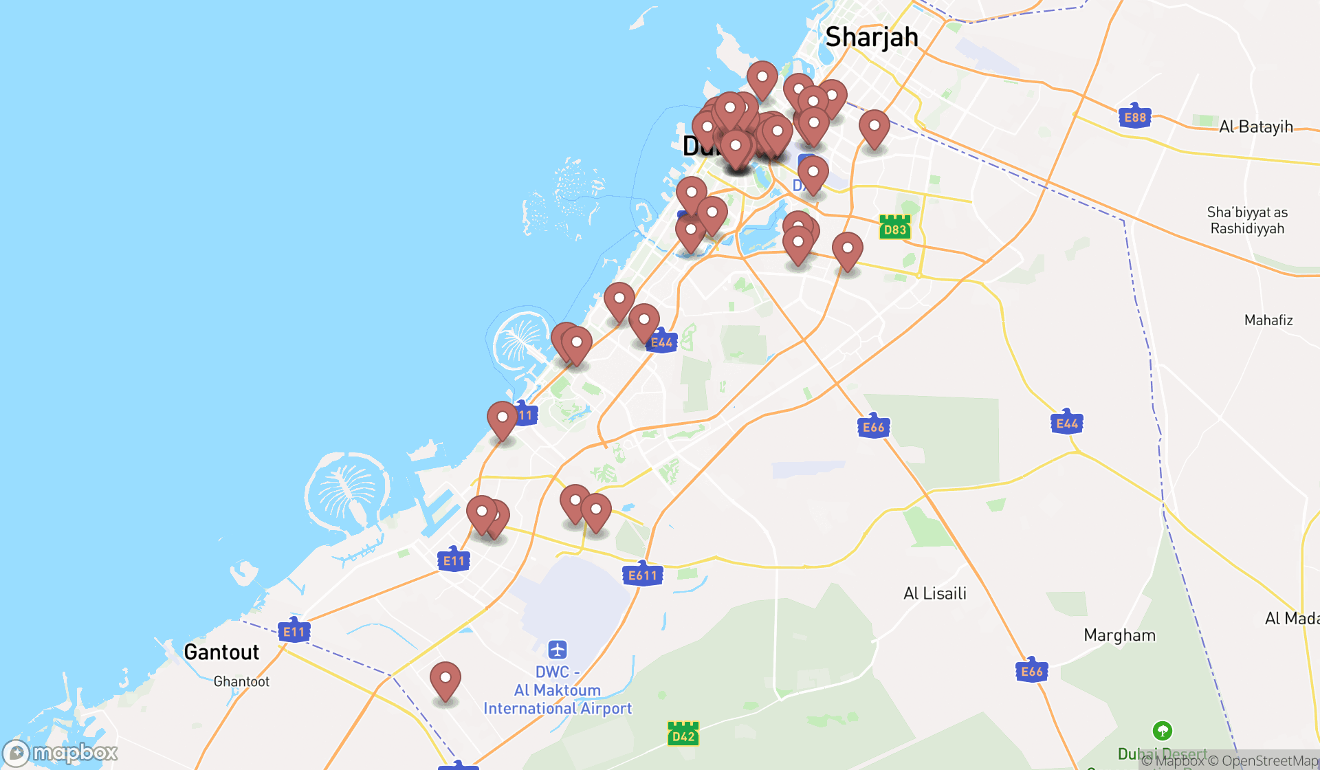 Map showing the search results in Dubai