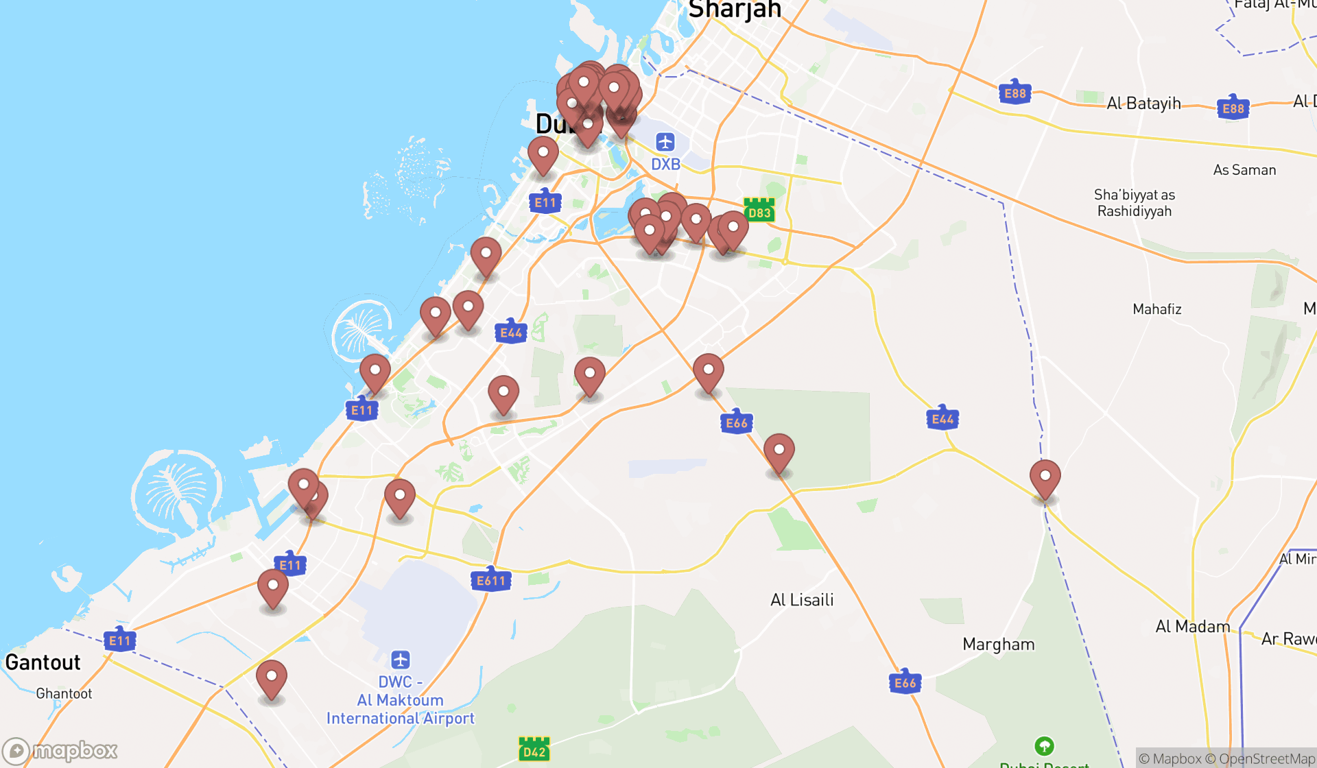 Map showing the search results in Dubai