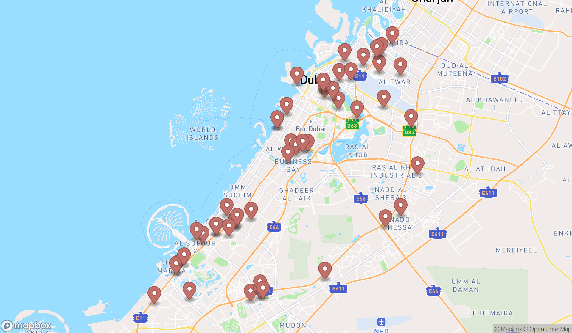 Map showing the search results in Dubai