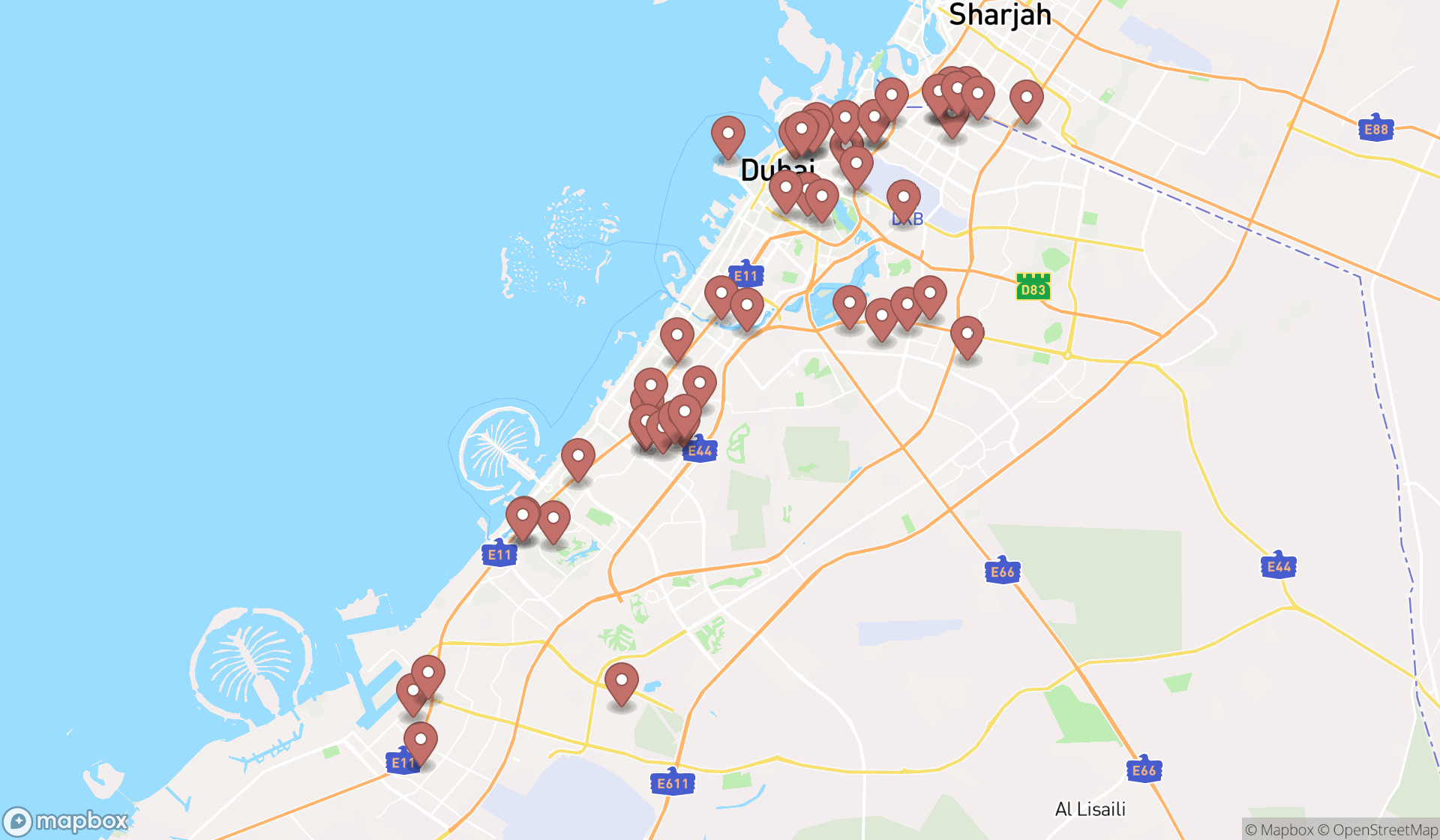 Map showing the search results in Dubai