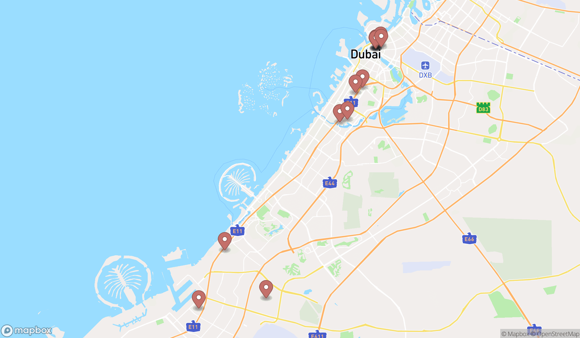 Map showing the search results in Dubai
