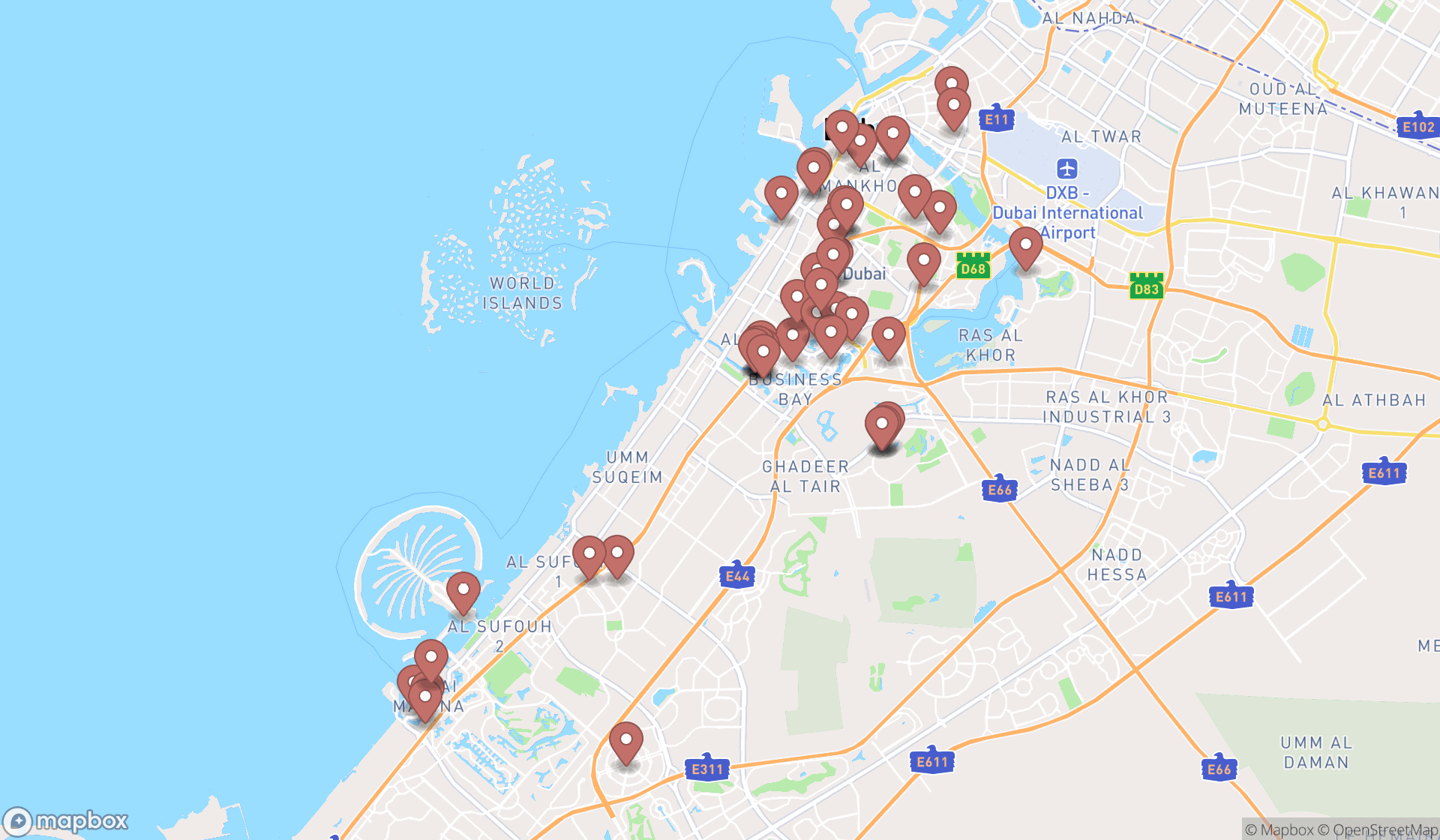 Map showing the search results in Dubai