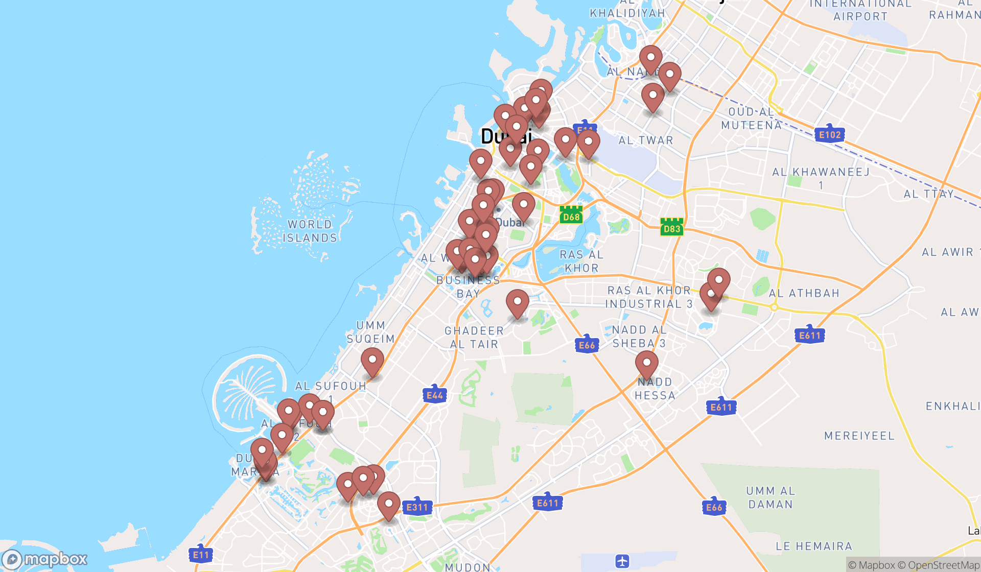 Map showing the search results in Dubai
