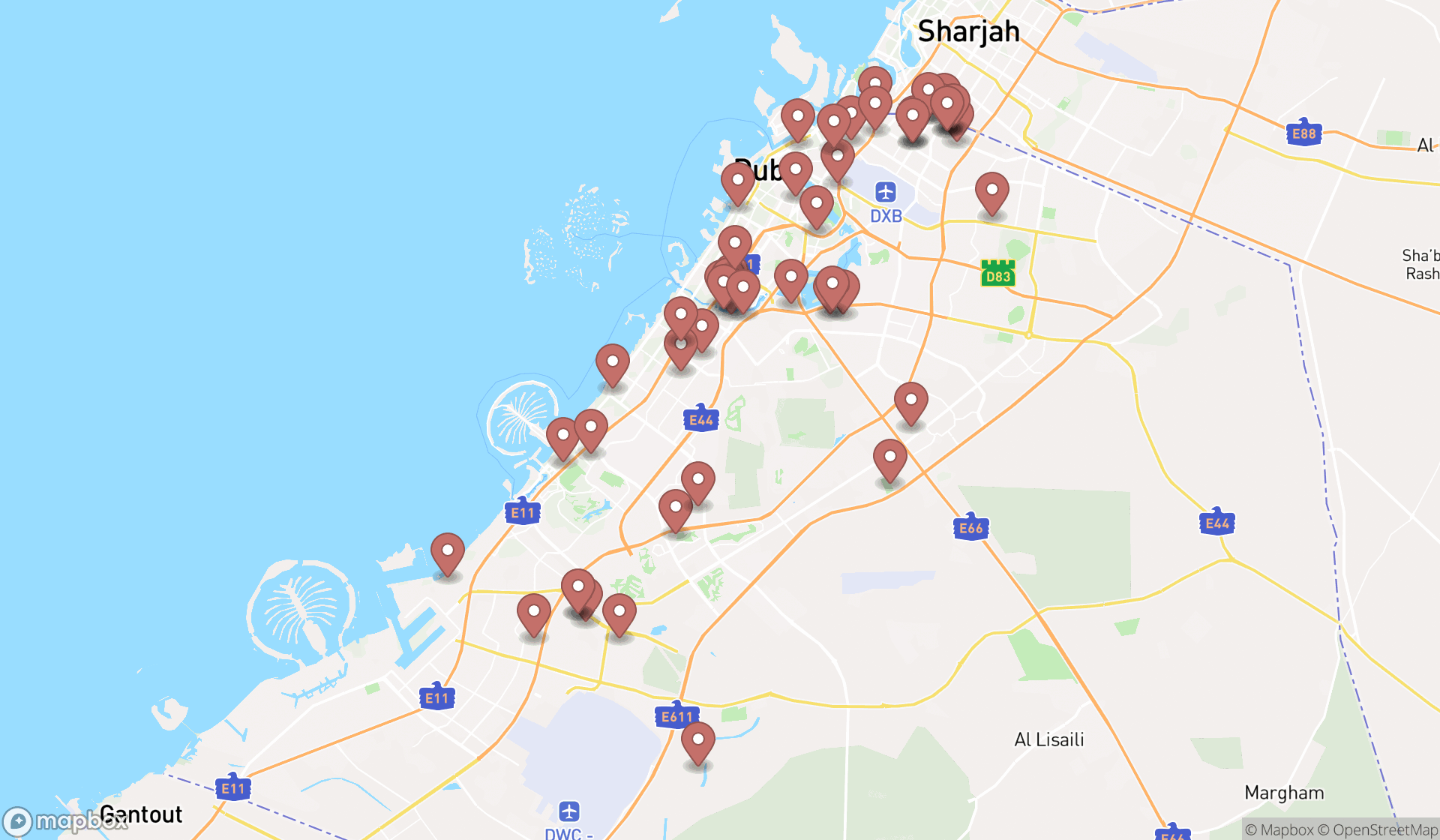Map showing the search results in Dubai