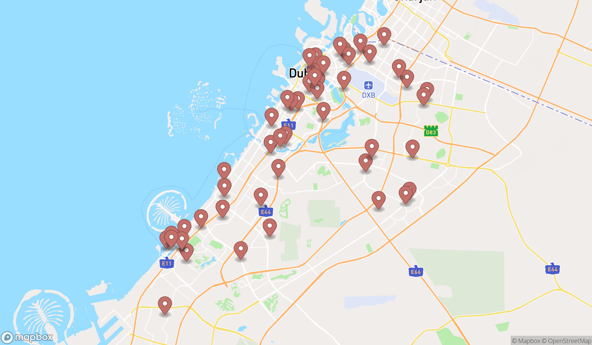 Map showing the search results in Dubai