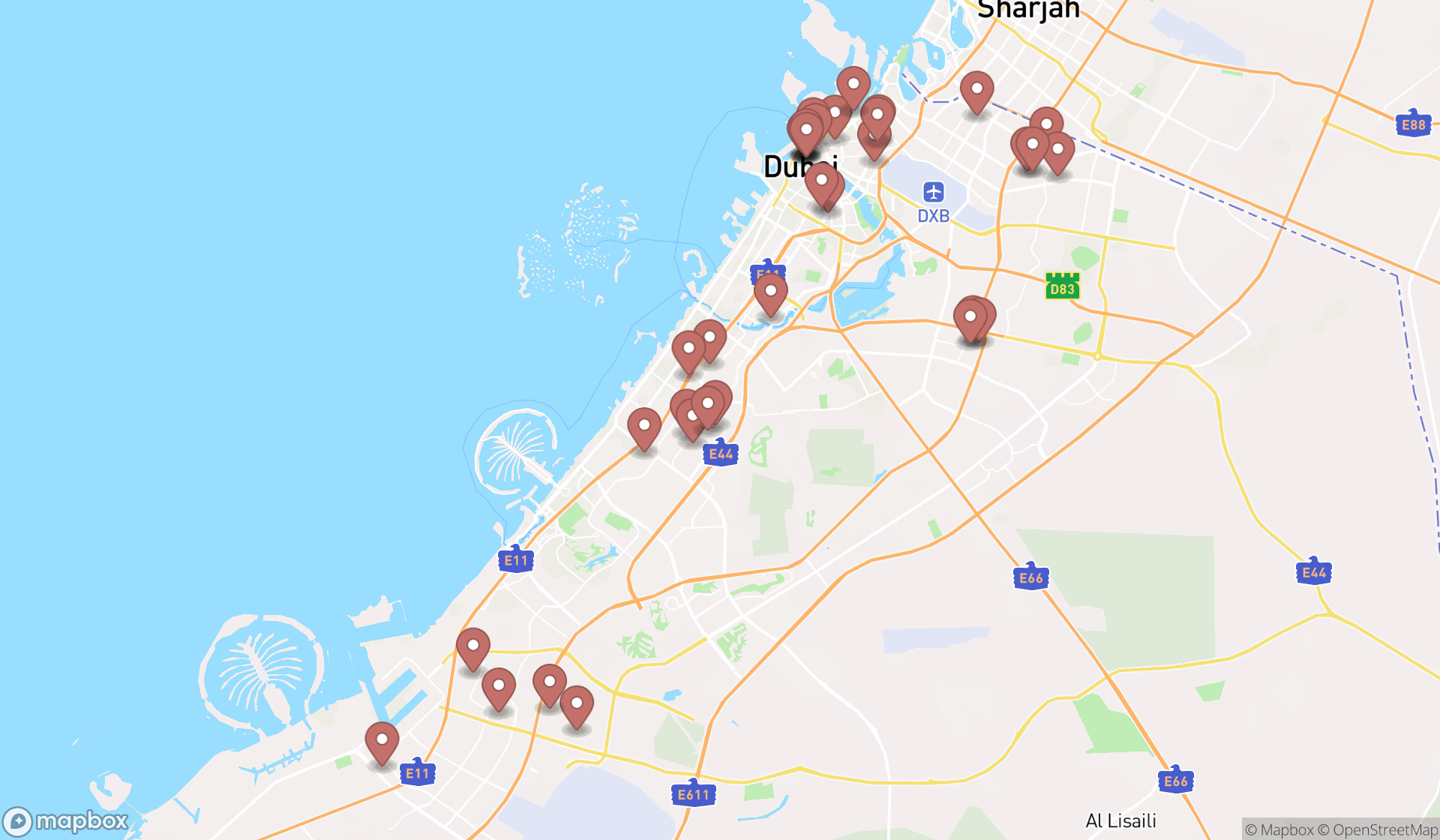 Map showing the search results in Dubai