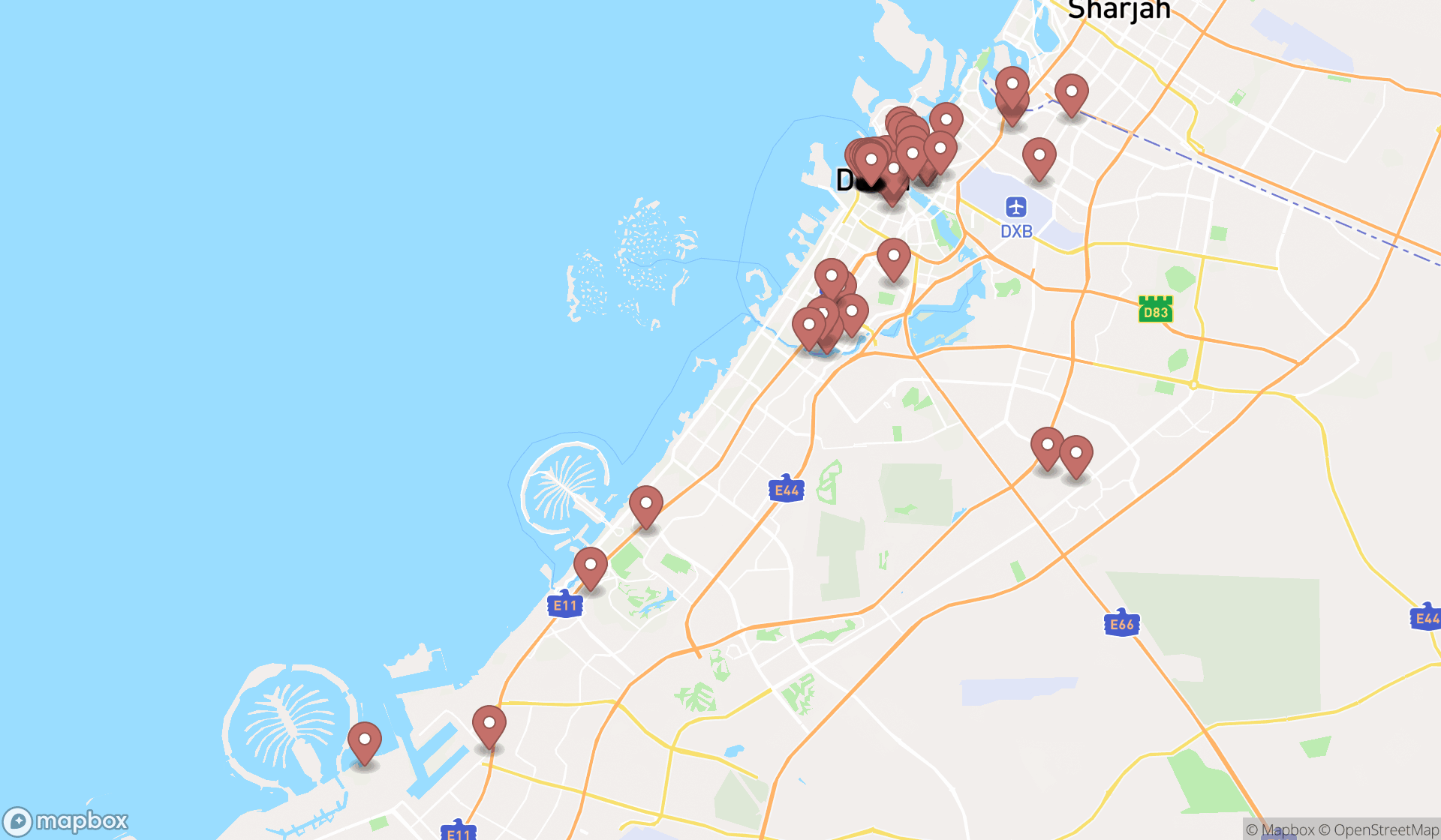 Map showing the search results in Dubai