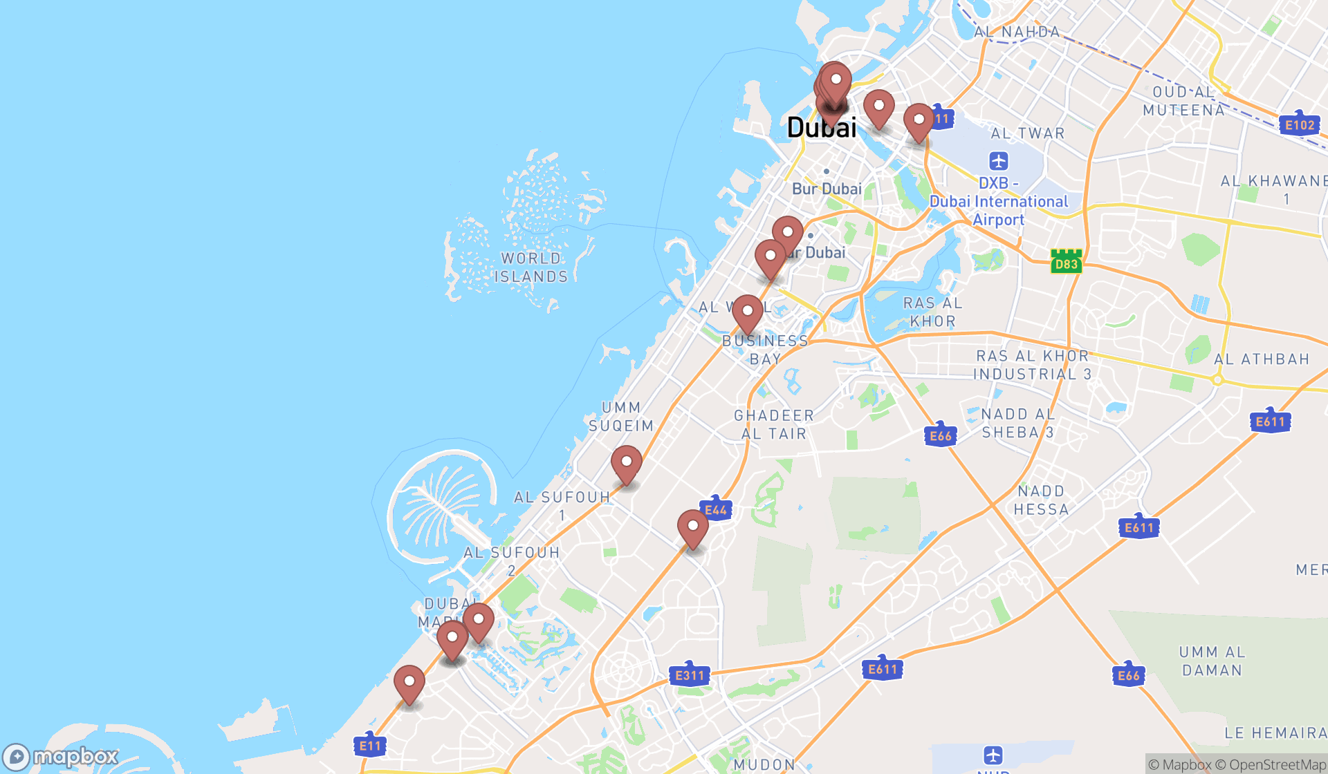 Map showing the search results in Dubai