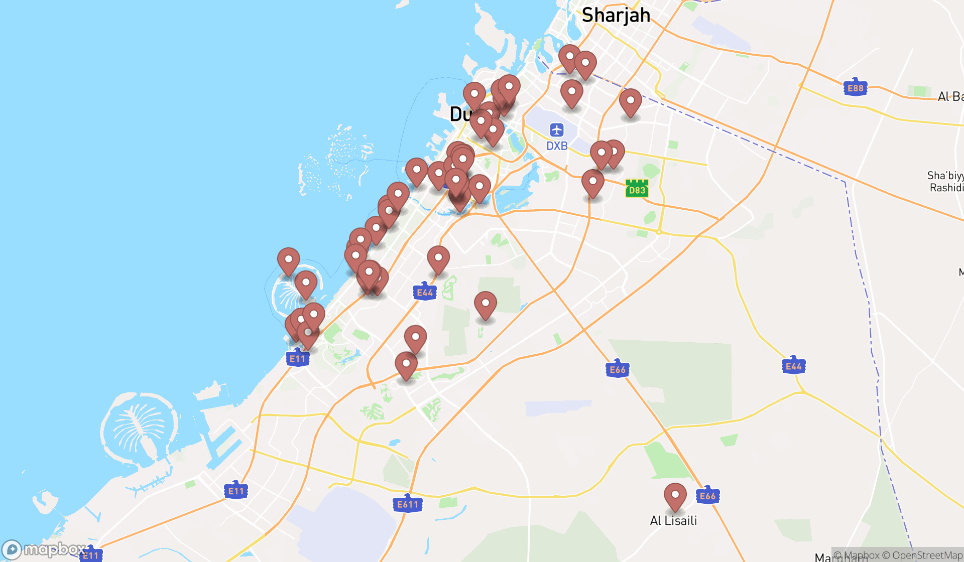 Map showing the search results in Dubai