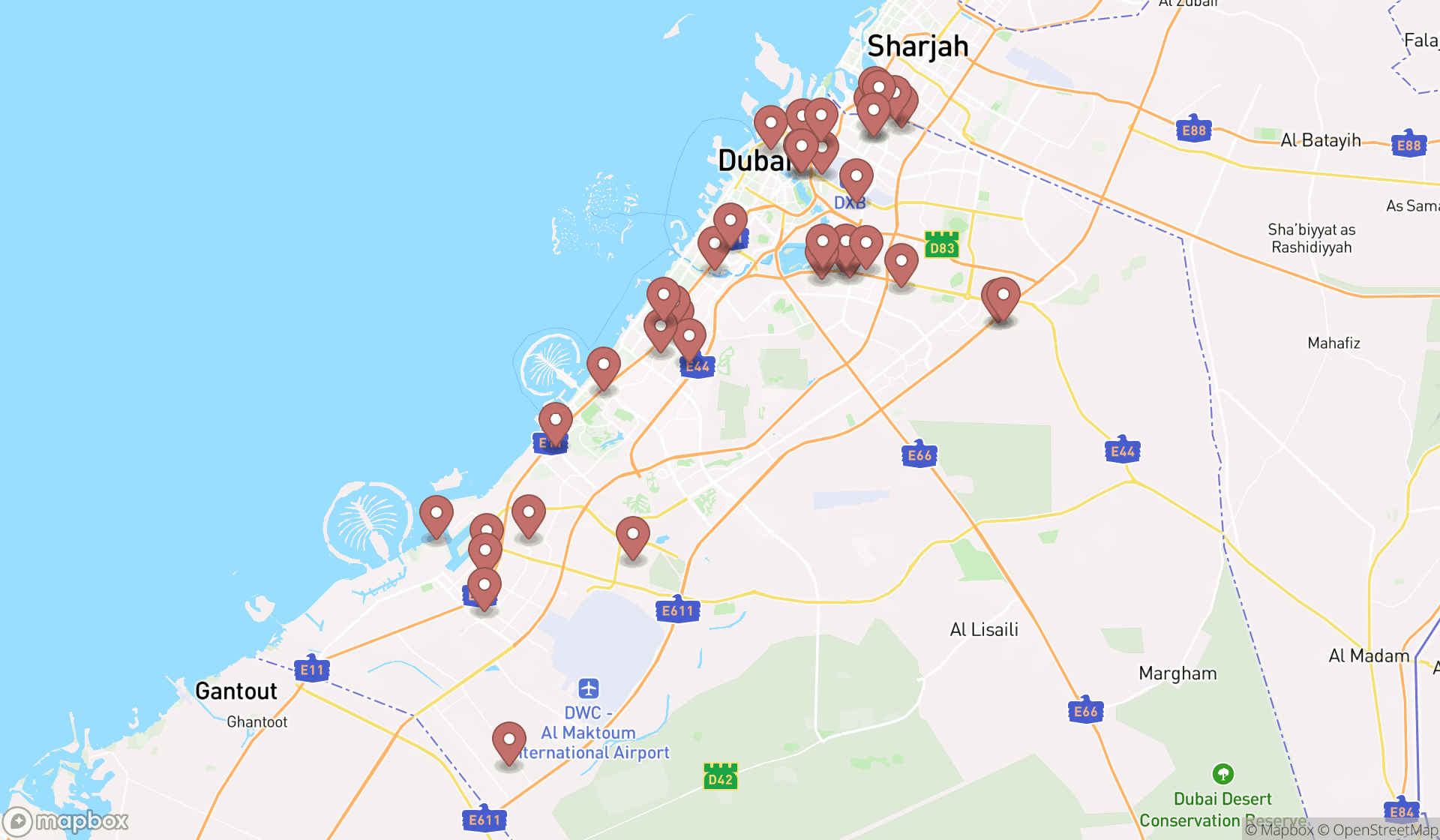 Map showing the search results in Dubai