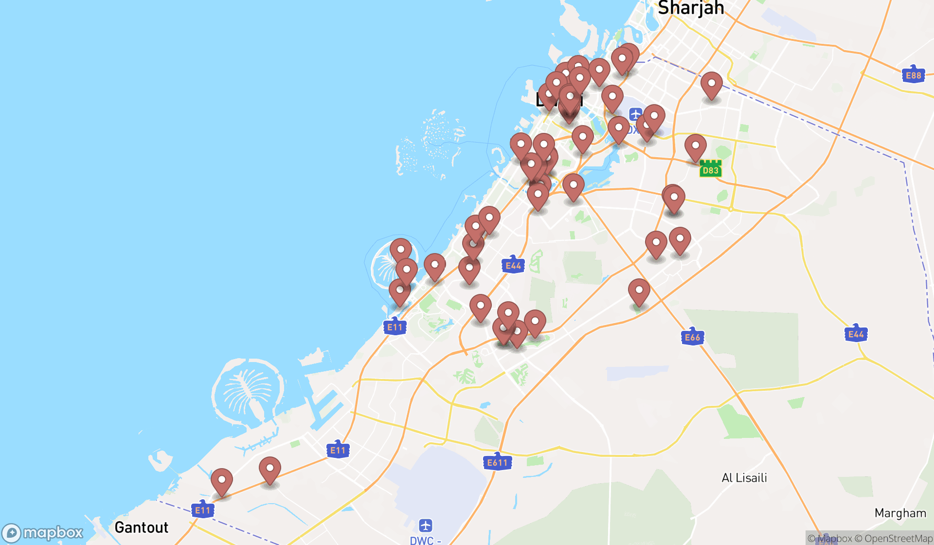 Map showing the search results in Dubai