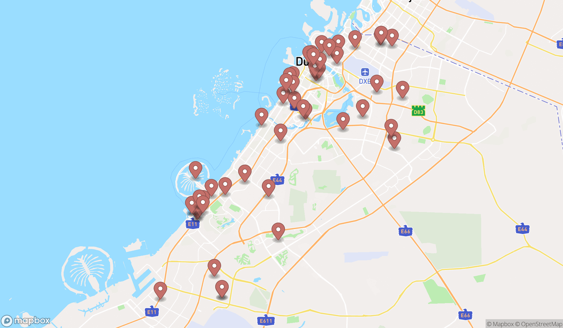 Map showing the search results in Dubai