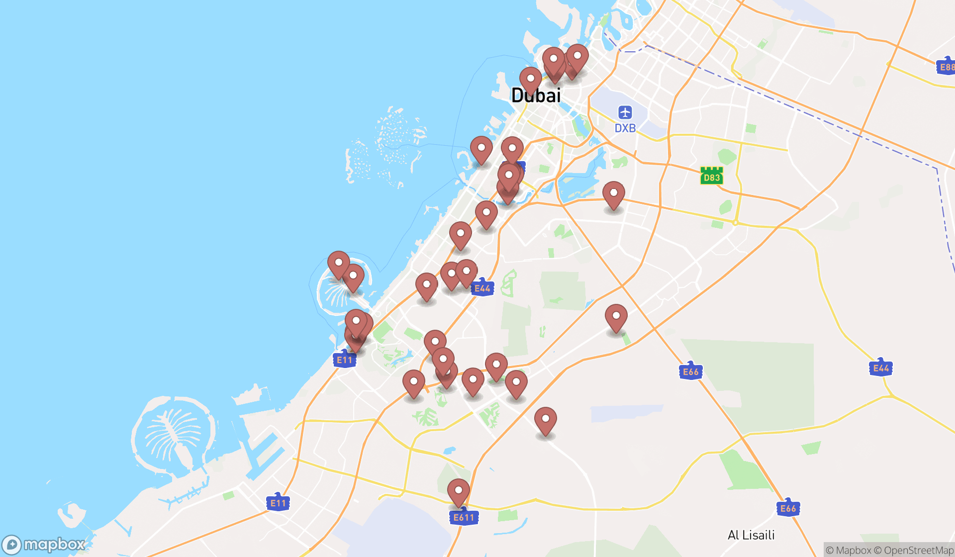 Map showing the search results in Dubai