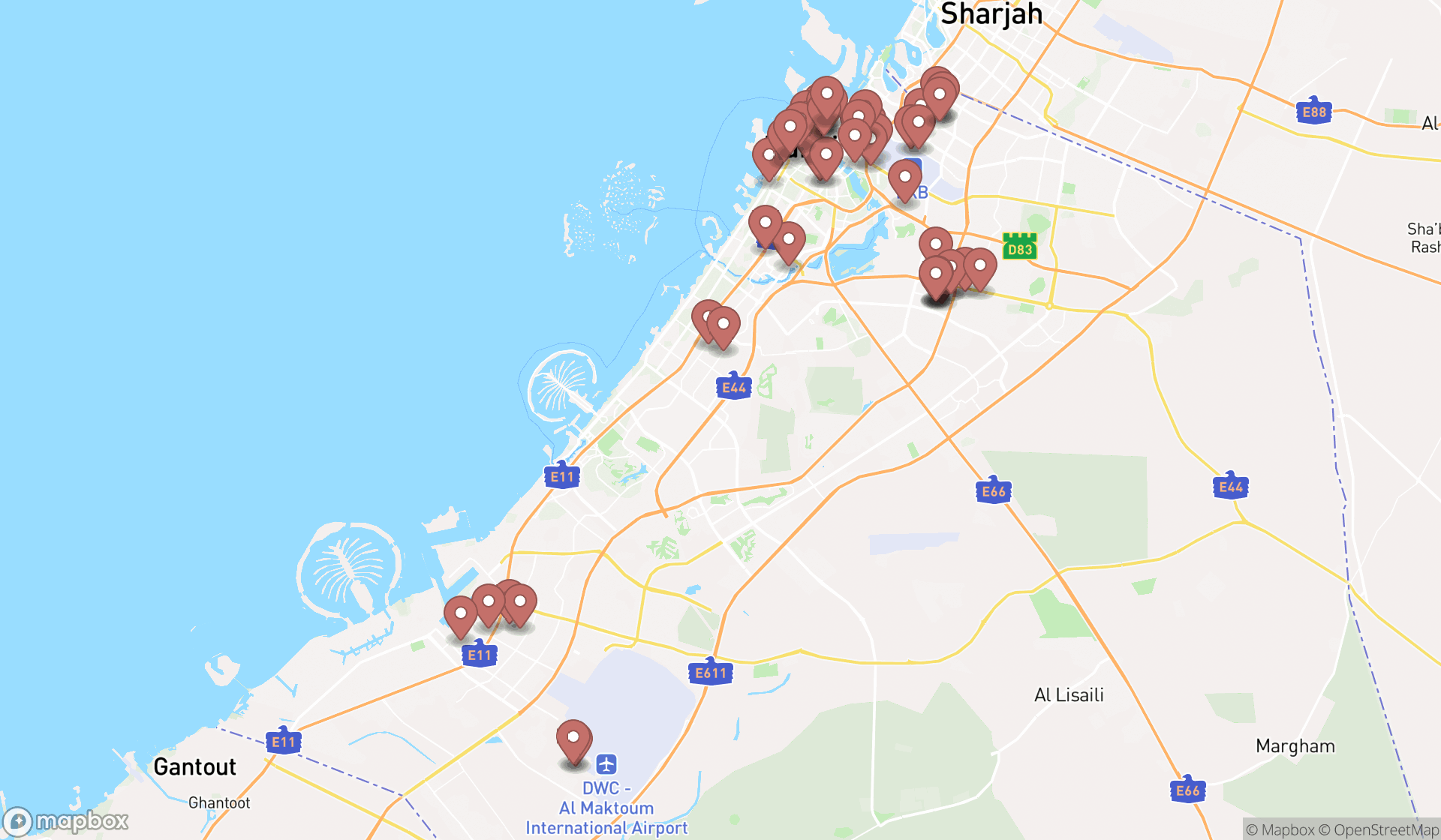 Map showing the search results in Dubai