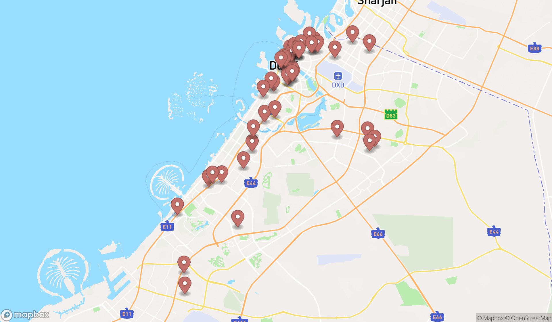 Map showing the search results in Dubai