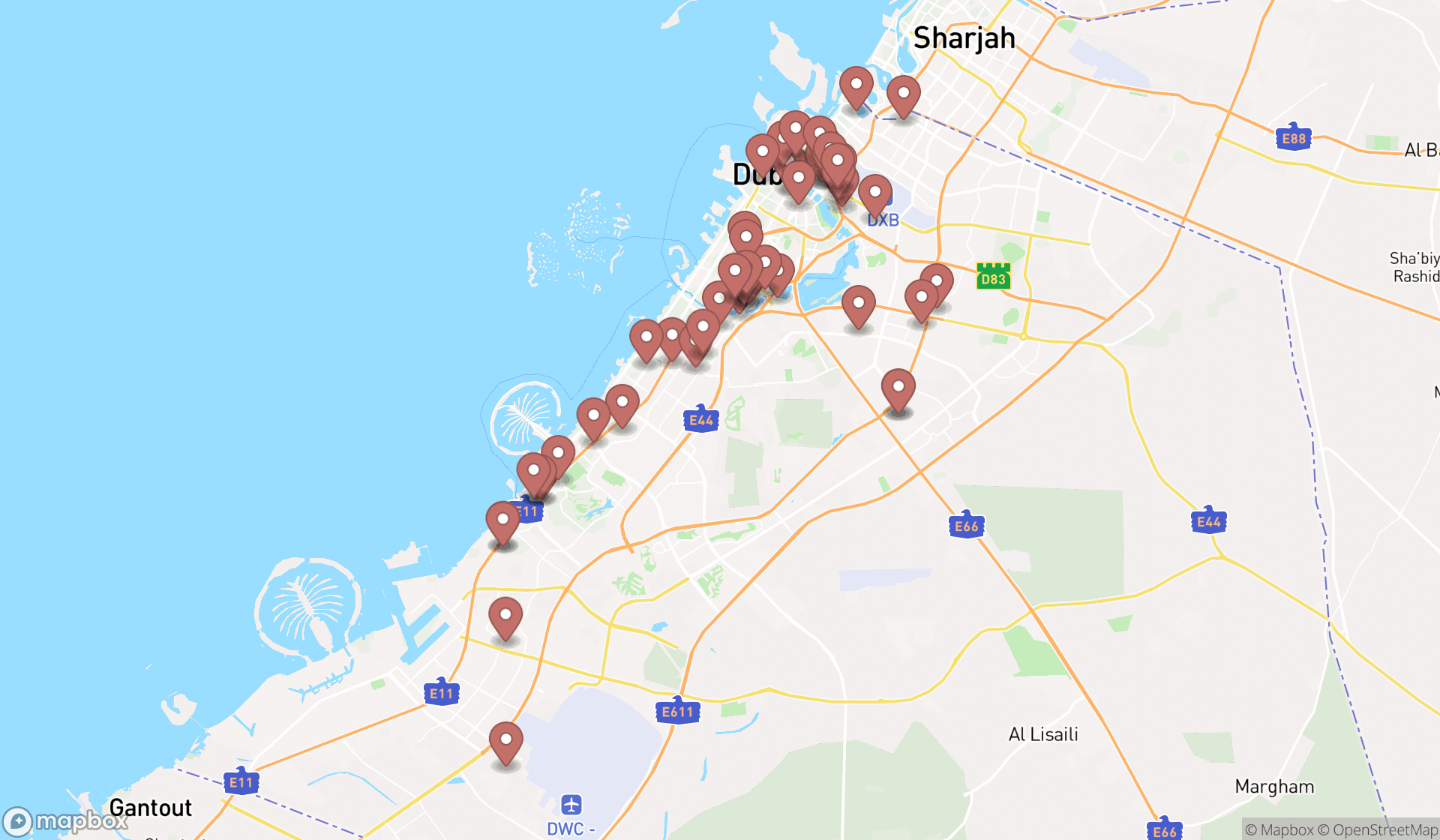Map showing the search results in Dubai